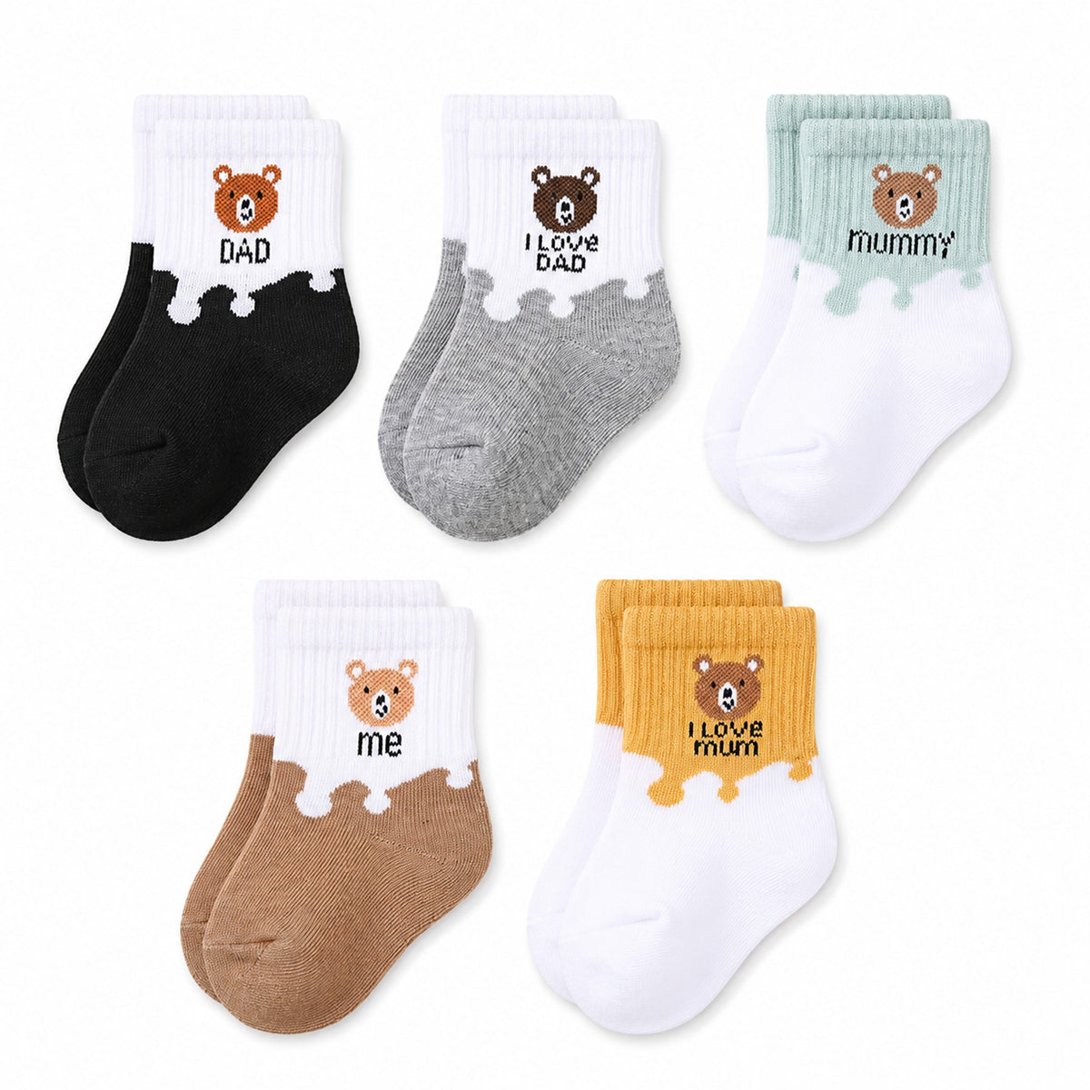 Bear Family Ankle Socks - all 5 pairs, professional product photo on white background
