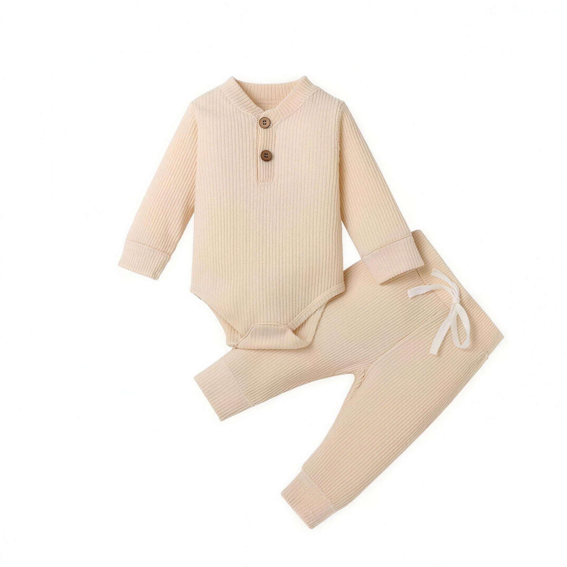 Ribbed Henley Outfit Set - Beige - professional studio photo