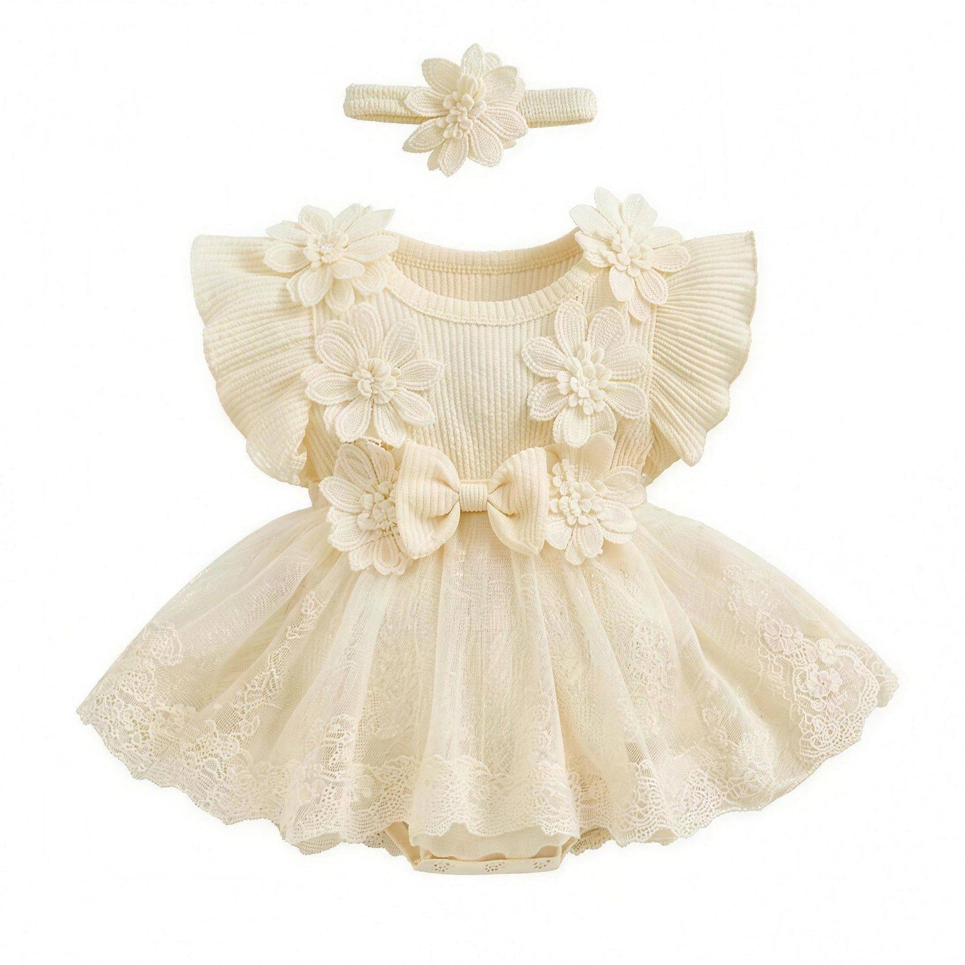 Floral Tutu Dress Set - Beige, professional studio photo