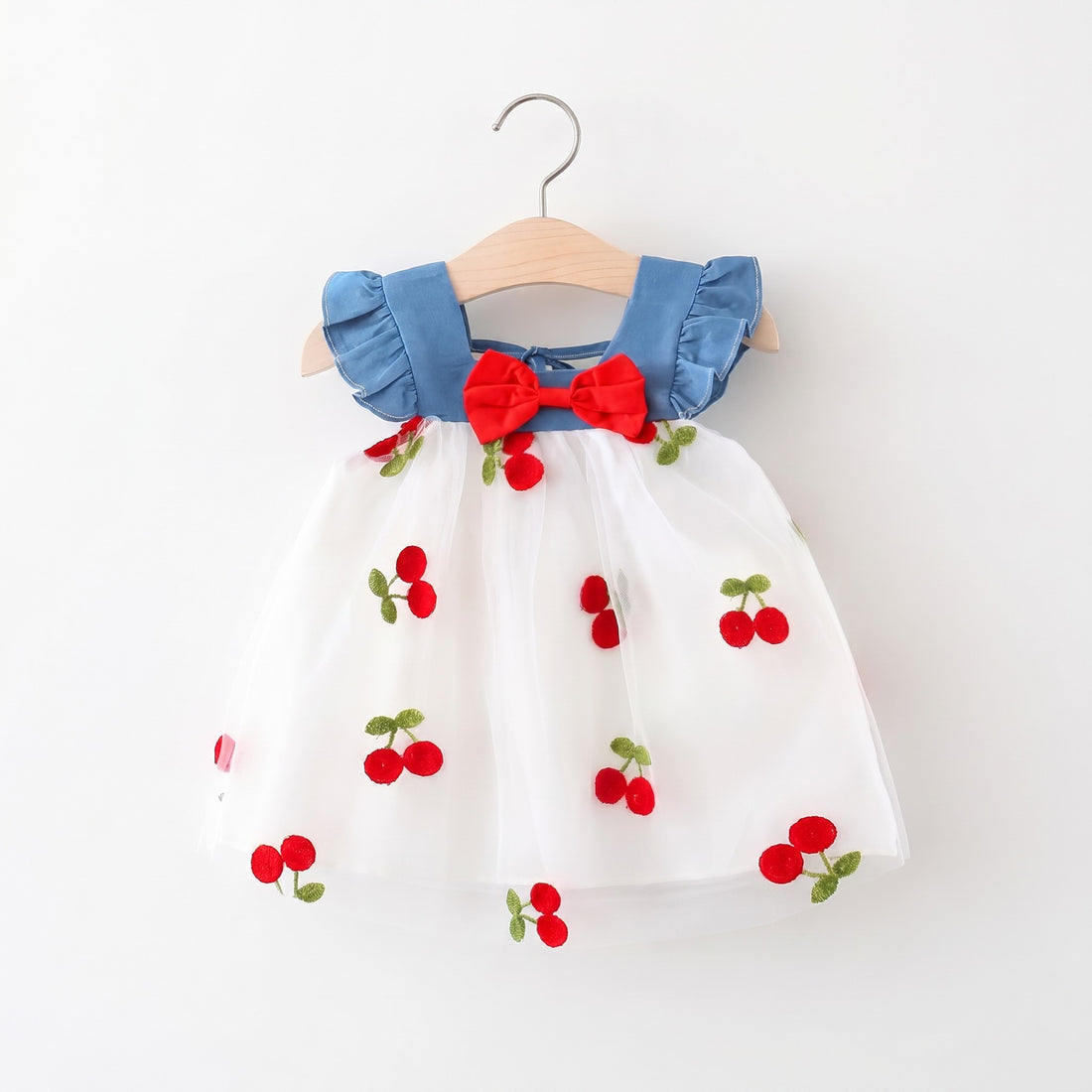 Berry Bow Mesh Dress - Cherry baby girl dress with denim ruffle straps, professional product photo on white background