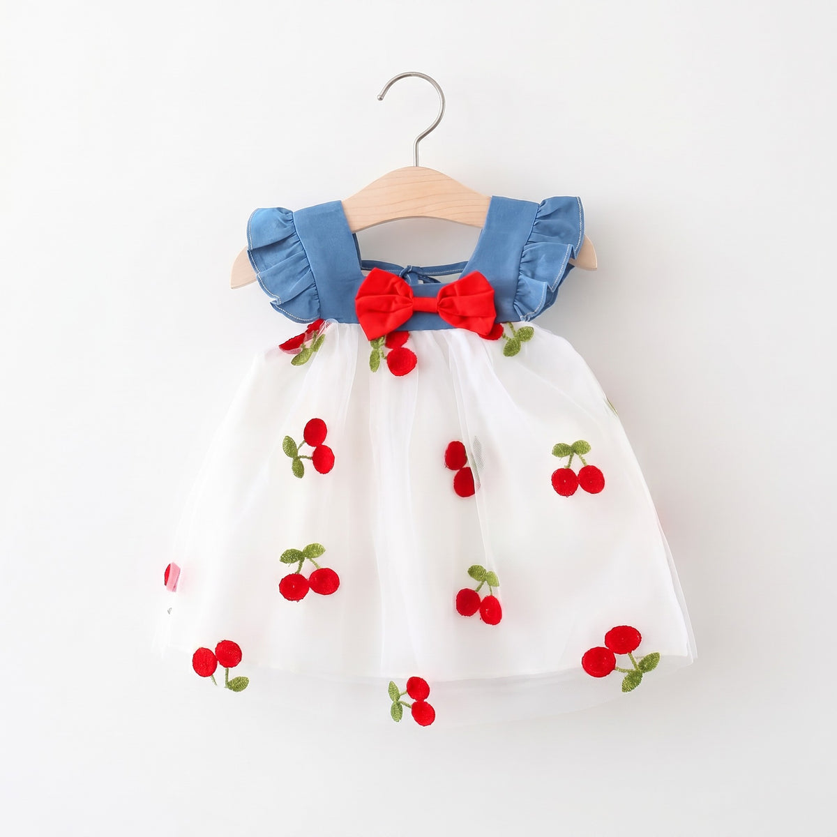 Berry Bow Mesh Dress - Cherry baby girl dress with denim ruffle straps, professional product photo on white background
