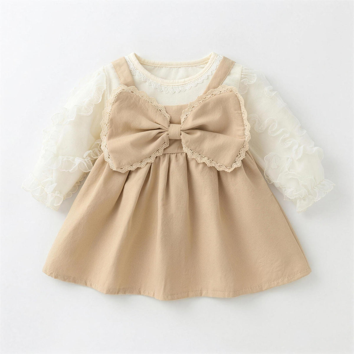 Big Bow Puff Dress - Khaki, professional product photo on white background