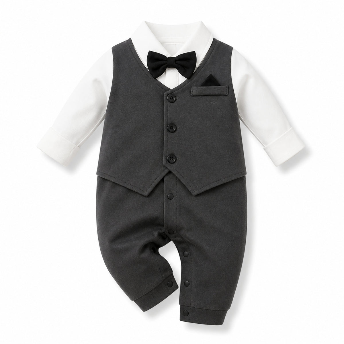 Black Tuxedo Baby Romper - baby and toddler clothing, professional product photo