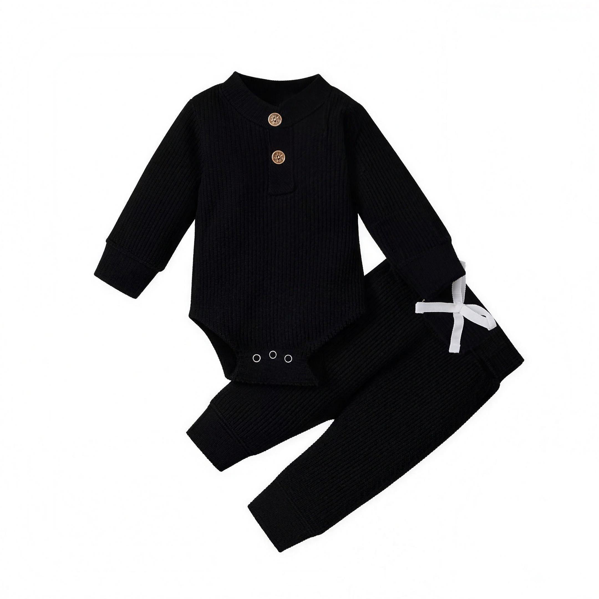 Ribbed Henley Outfit Set - Black - professional studio photo