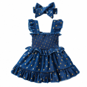 Gold Dot Pinafore Dress - Blue - professional studio photo