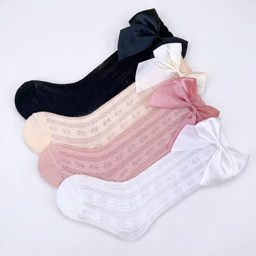 Bow Tie Knee-High Socks - Set of 4 (Black, Cream, Pink, White)
