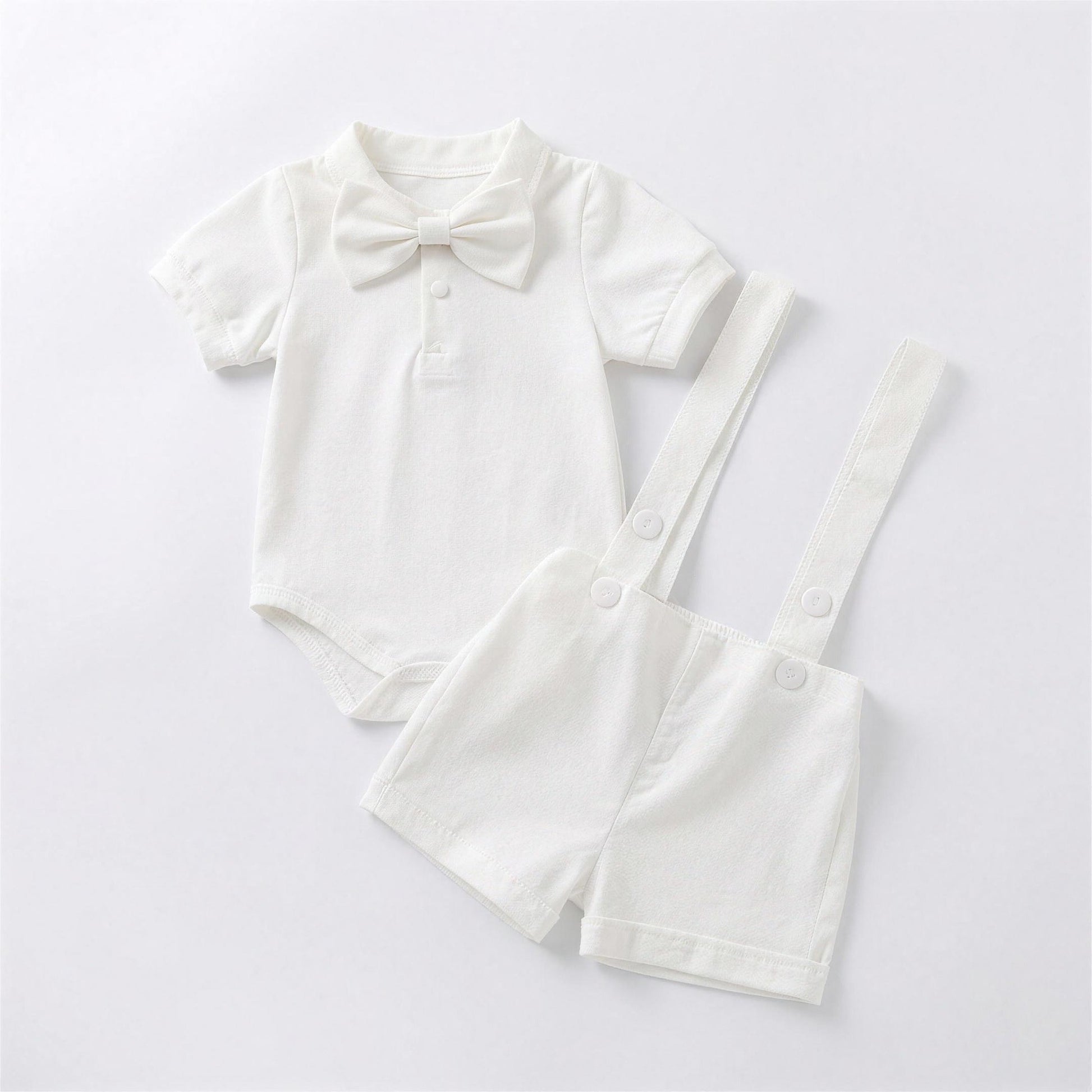Bow Tie Suspender Set - White, professional product photo on white background