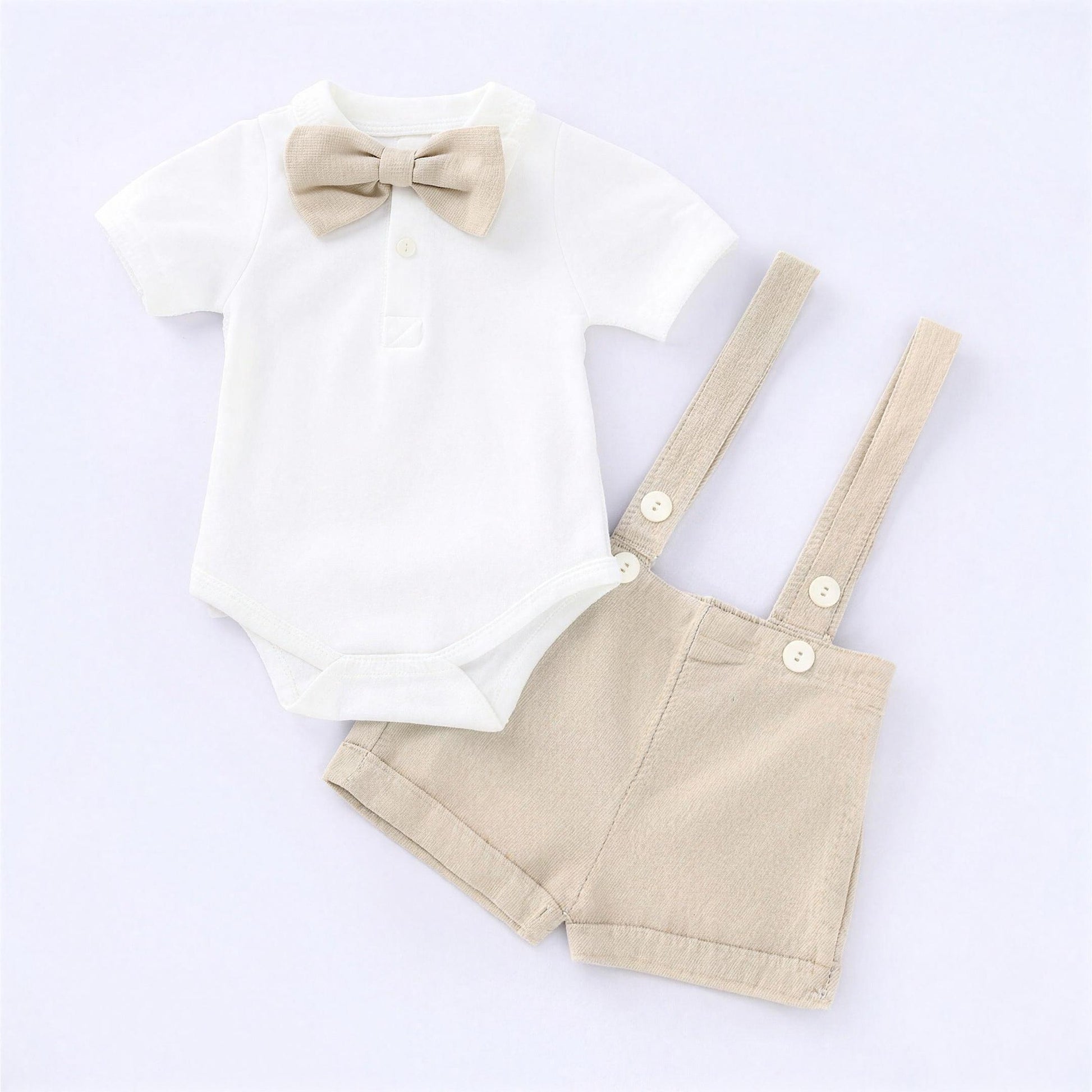 Bow Tie Suspender Set - Beige, professional product photo on white background