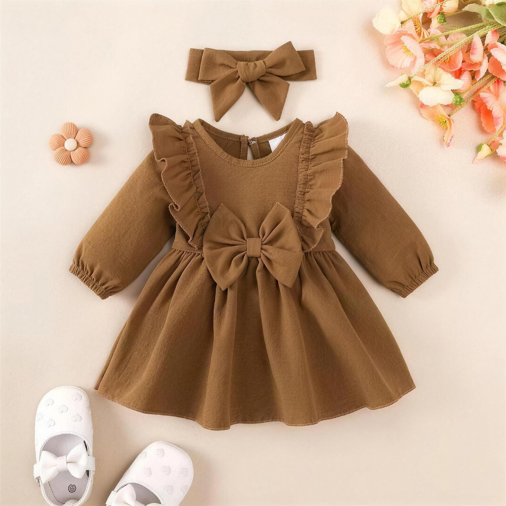 Brown Ruffle Bow Dress & Headband - front, professional photo