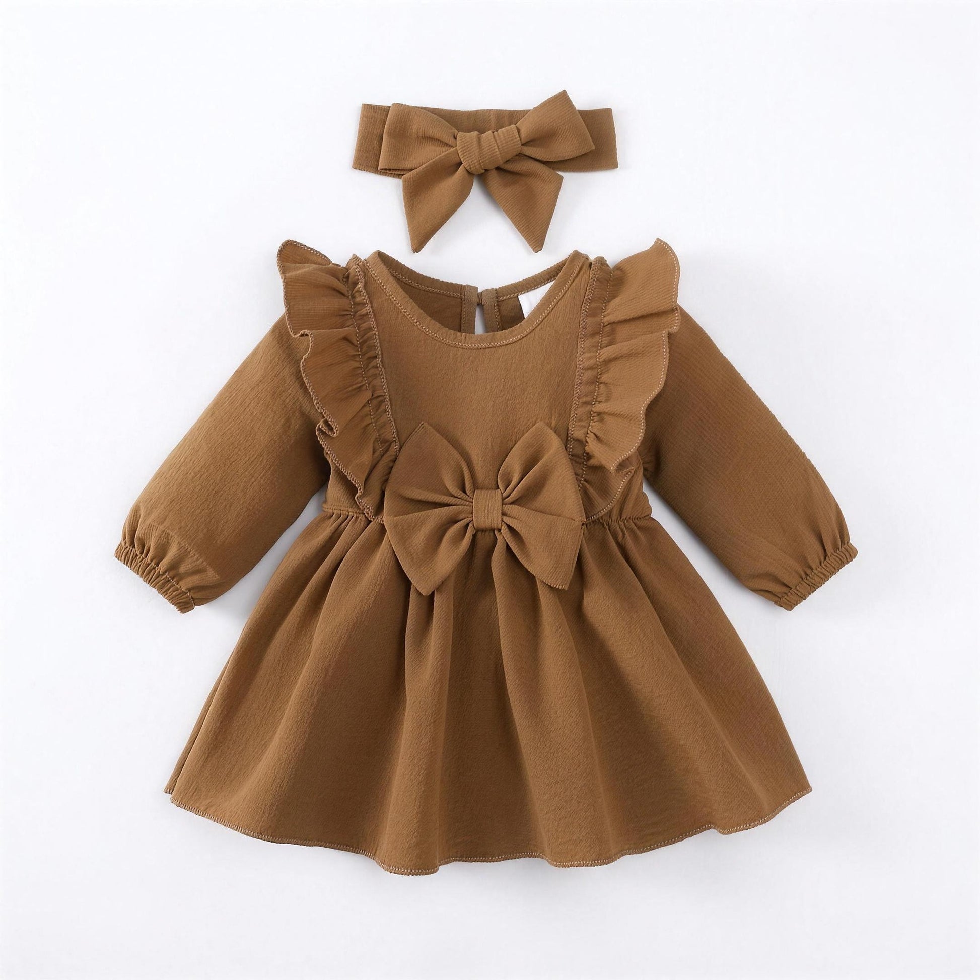Brown Ruffle Bow Dress & Headband - front, professional white-background product photo