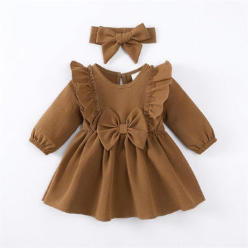 Brown Ruffle Bow Dress & Headband - front, professional white-background product photo