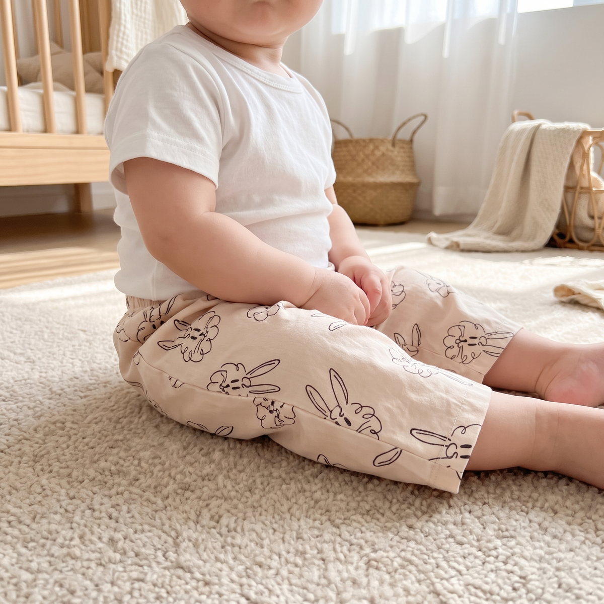 Bunny Summer Pants in Face Lifestyle - baby and toddler pants, professional product photo