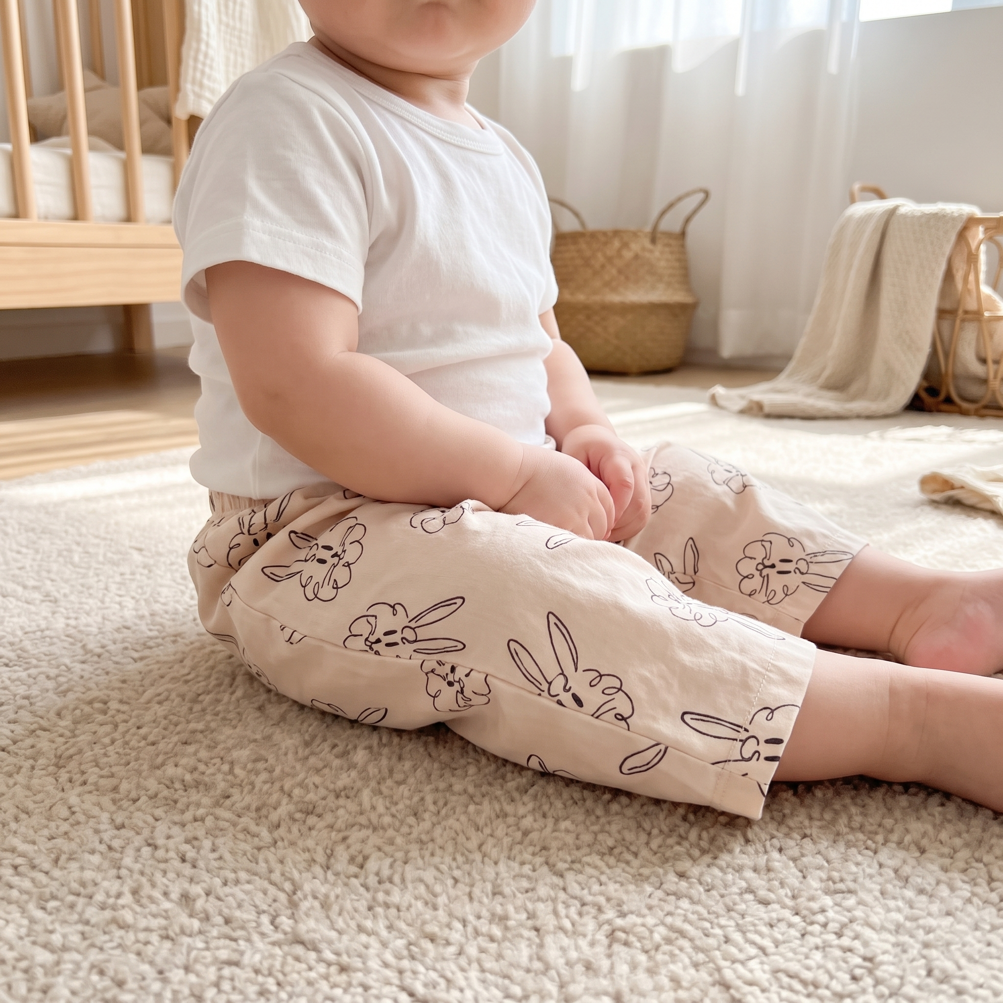 Bunny Summer Pants in Face Lifestyle - baby and toddler pants, professional product photo