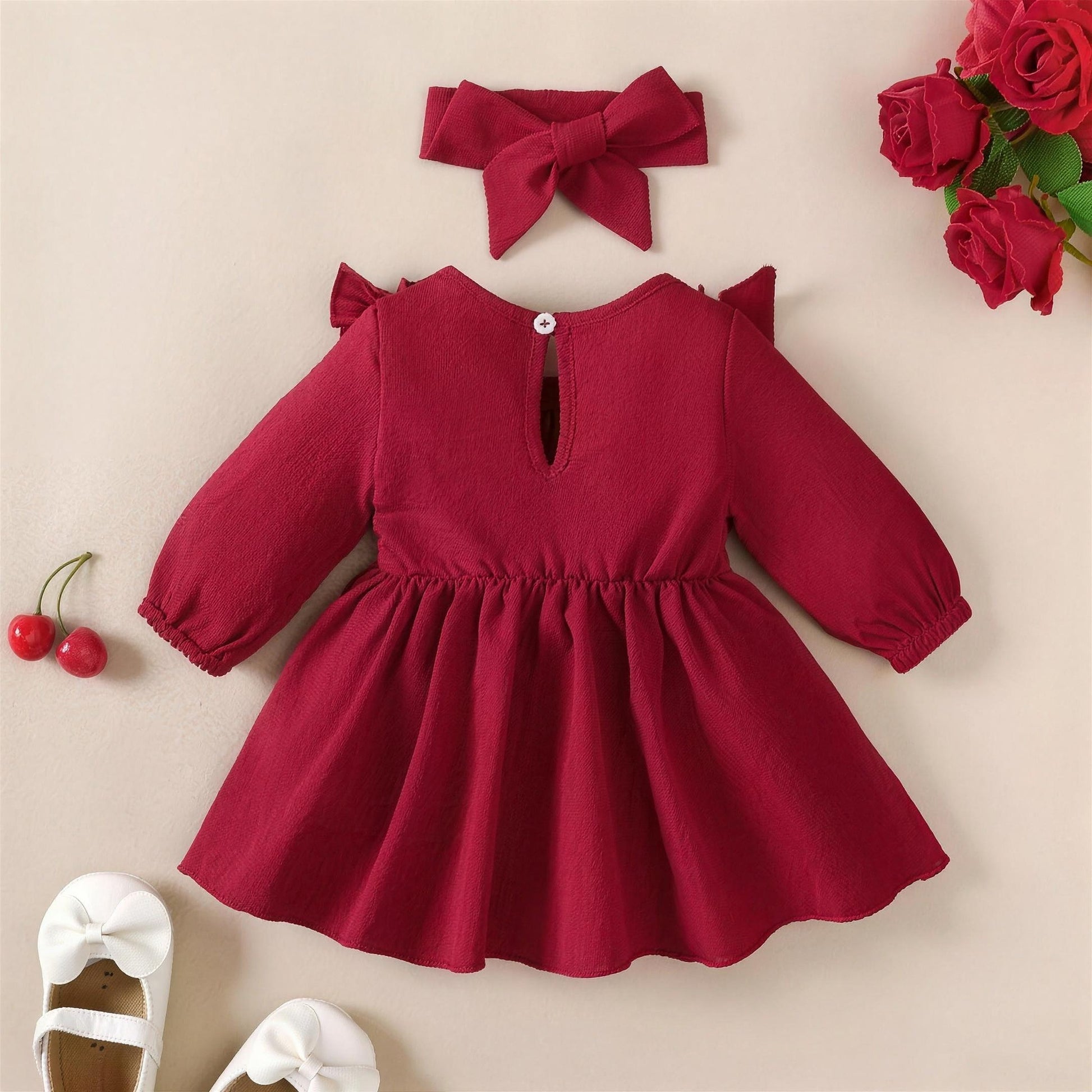 Burgundy Ruffle Bow Dress & Headband - additional photo