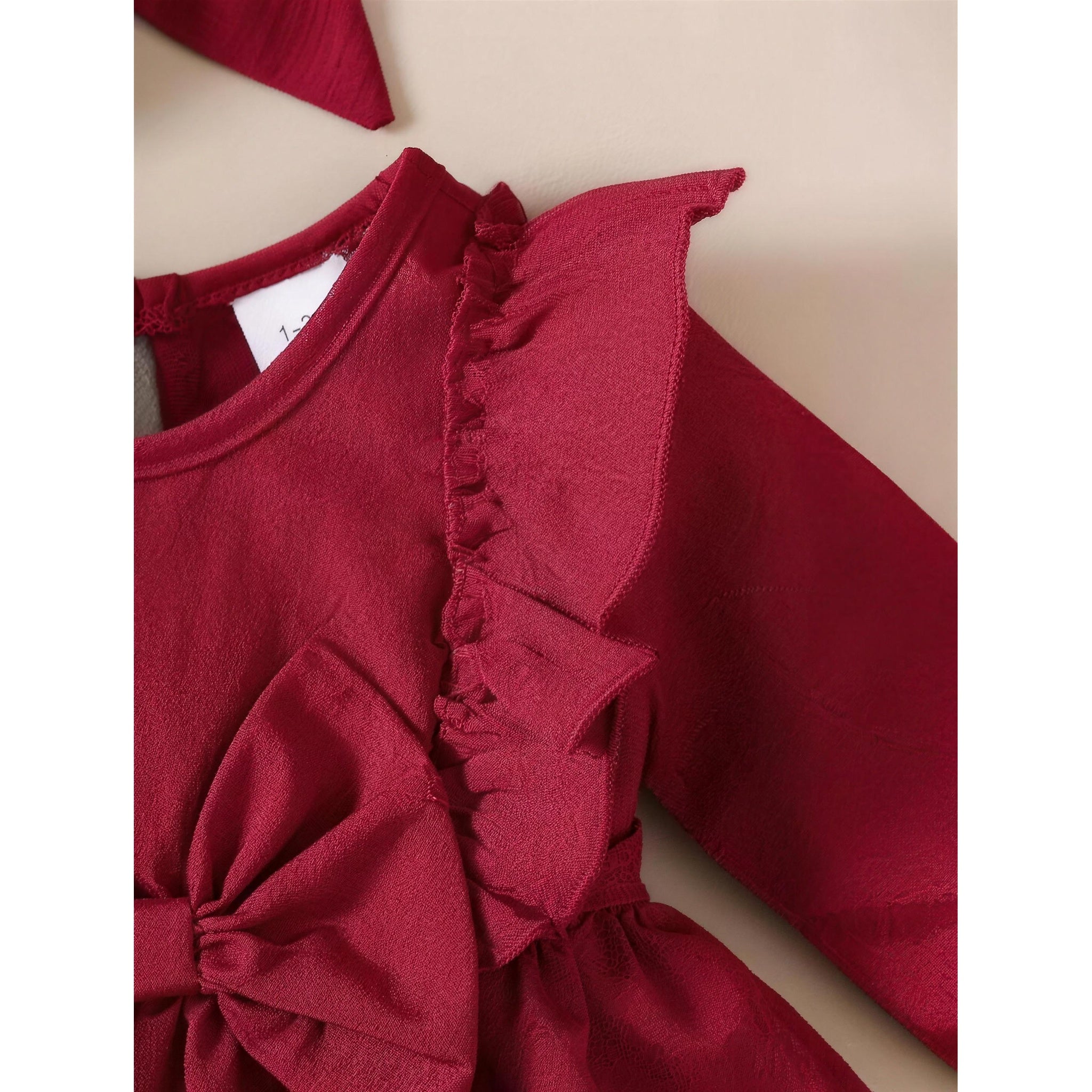 Burgundy Ruffle Bow Dress & Headband - additional photo