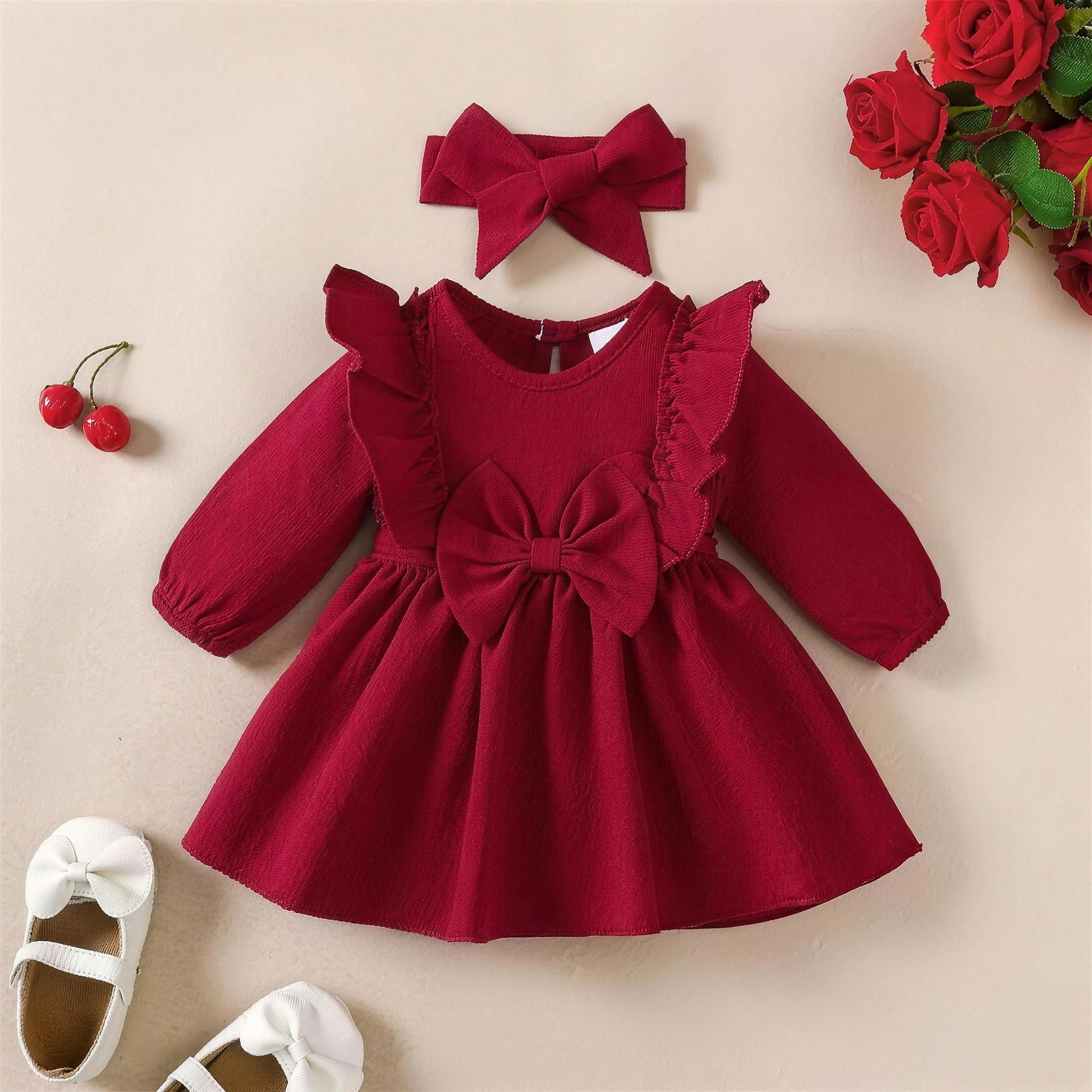 Burgundy Ruffle Bow Dress & Headband - front, professional photo
