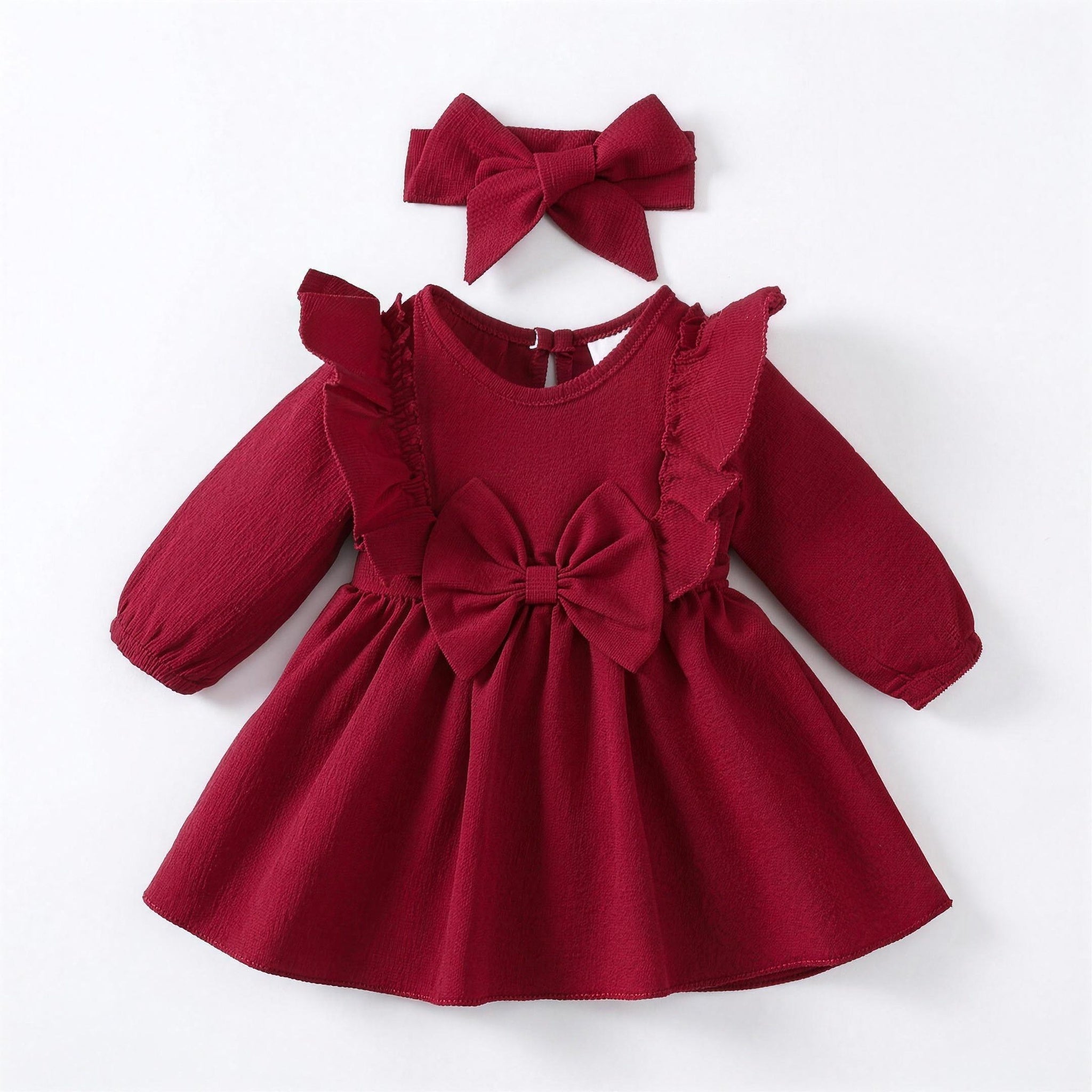 Burgundy Ruffle Bow Dress & Headband - front, professional white-background product photo