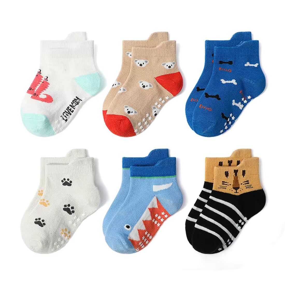 Cartoon Animal Non-Slip Floor Socks - Style A, 6 pairs