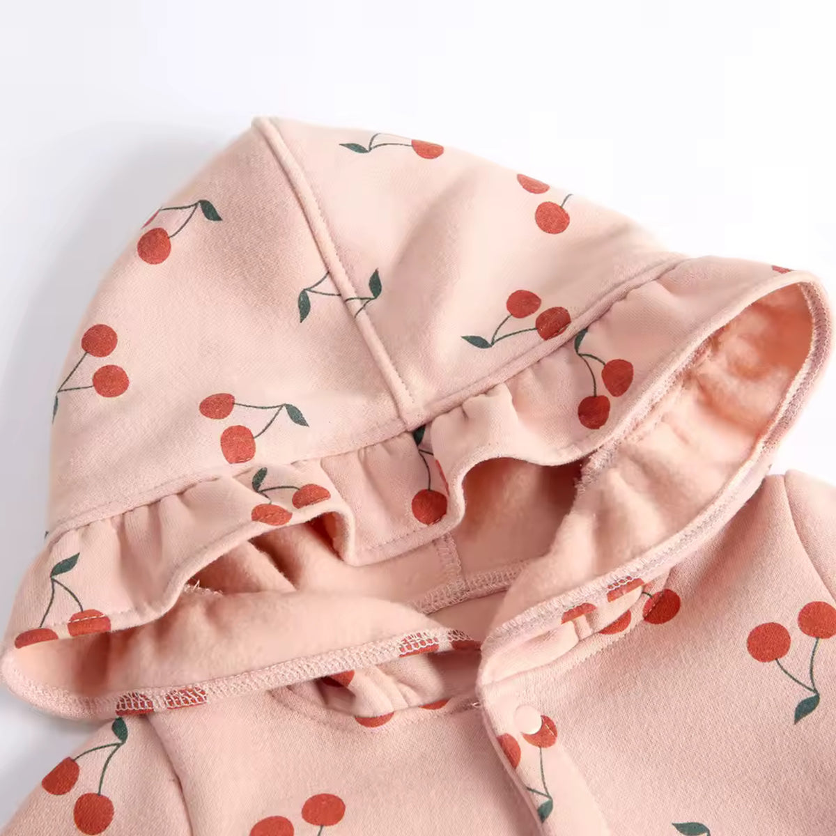 Cherry Hooded Jumpsuit - ruffle hood detail