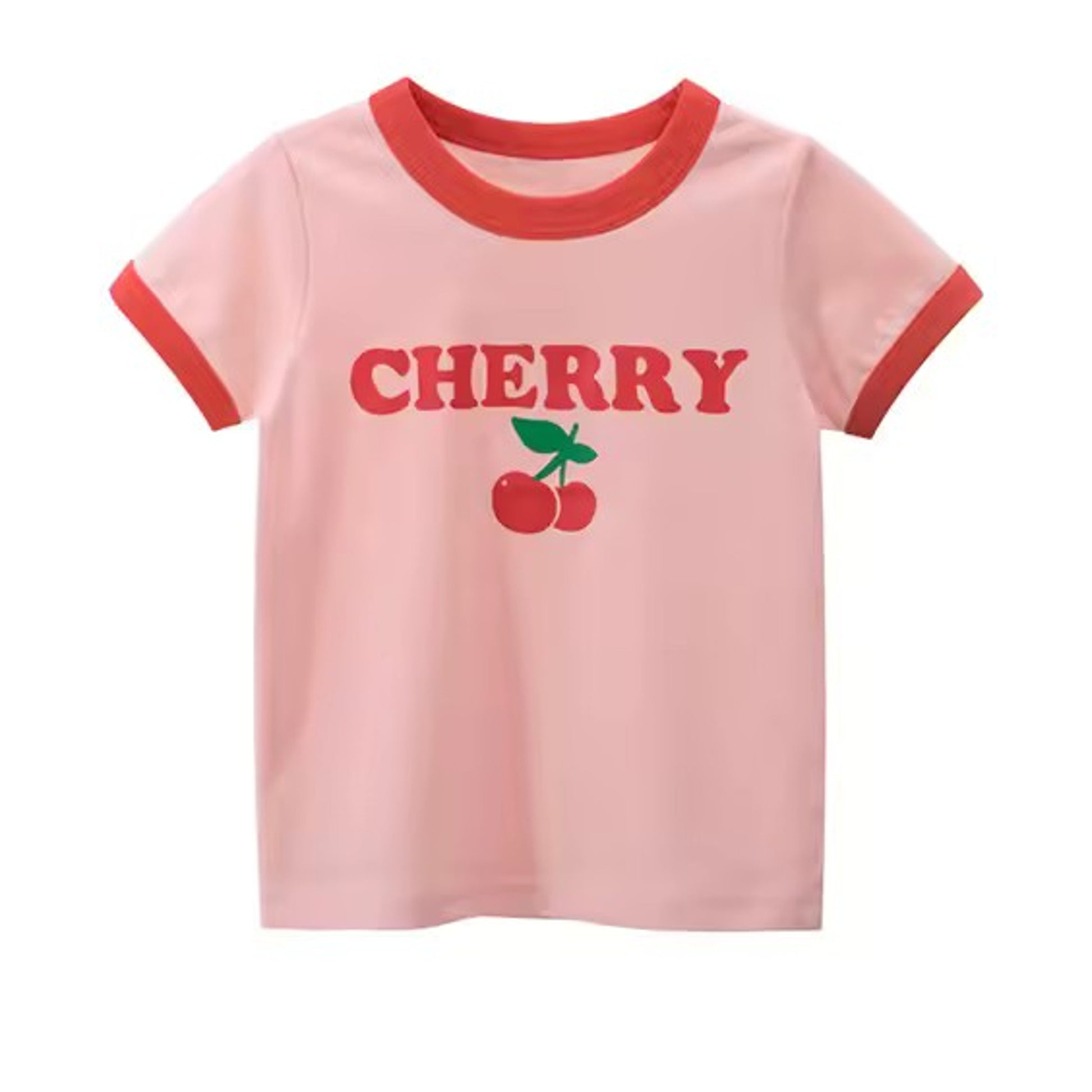Cherry Tee, girls baby and toddler t-shirt detail view, professional product photo on white background