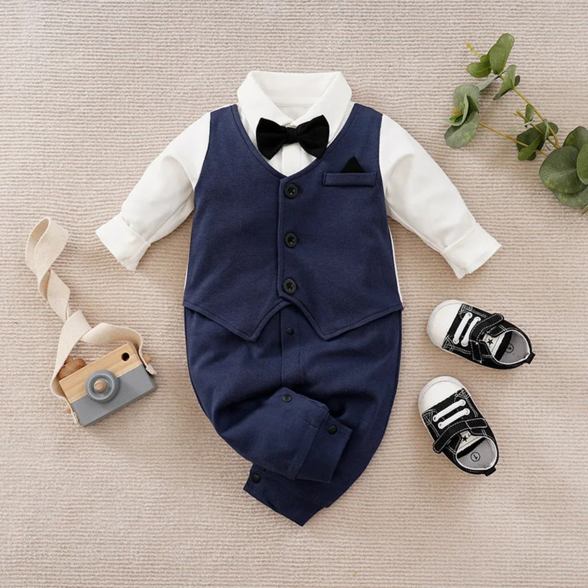 Navy Tuxedo Baby Romper in Classic - baby and toddler clothing, professional product photo