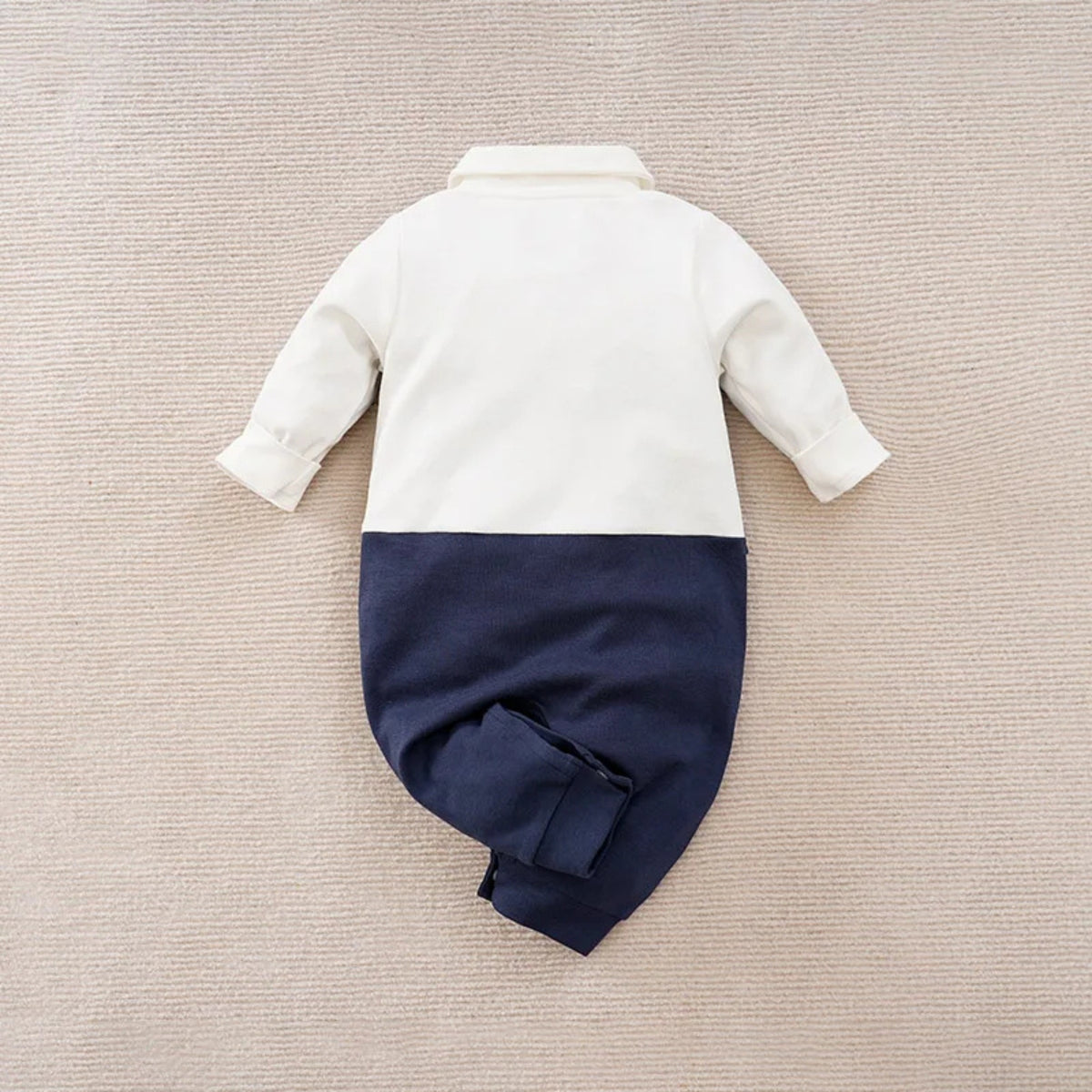 Navy Tuxedo Baby Romper in Classic - baby and toddler clothing, professional product photo