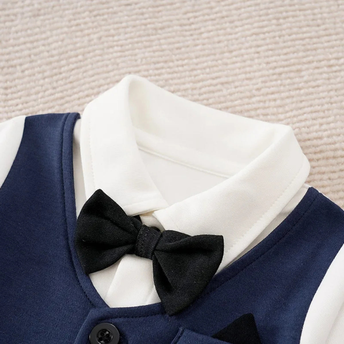 Navy Tuxedo Baby Romper in Classic - baby and toddler clothing, professional product photo
