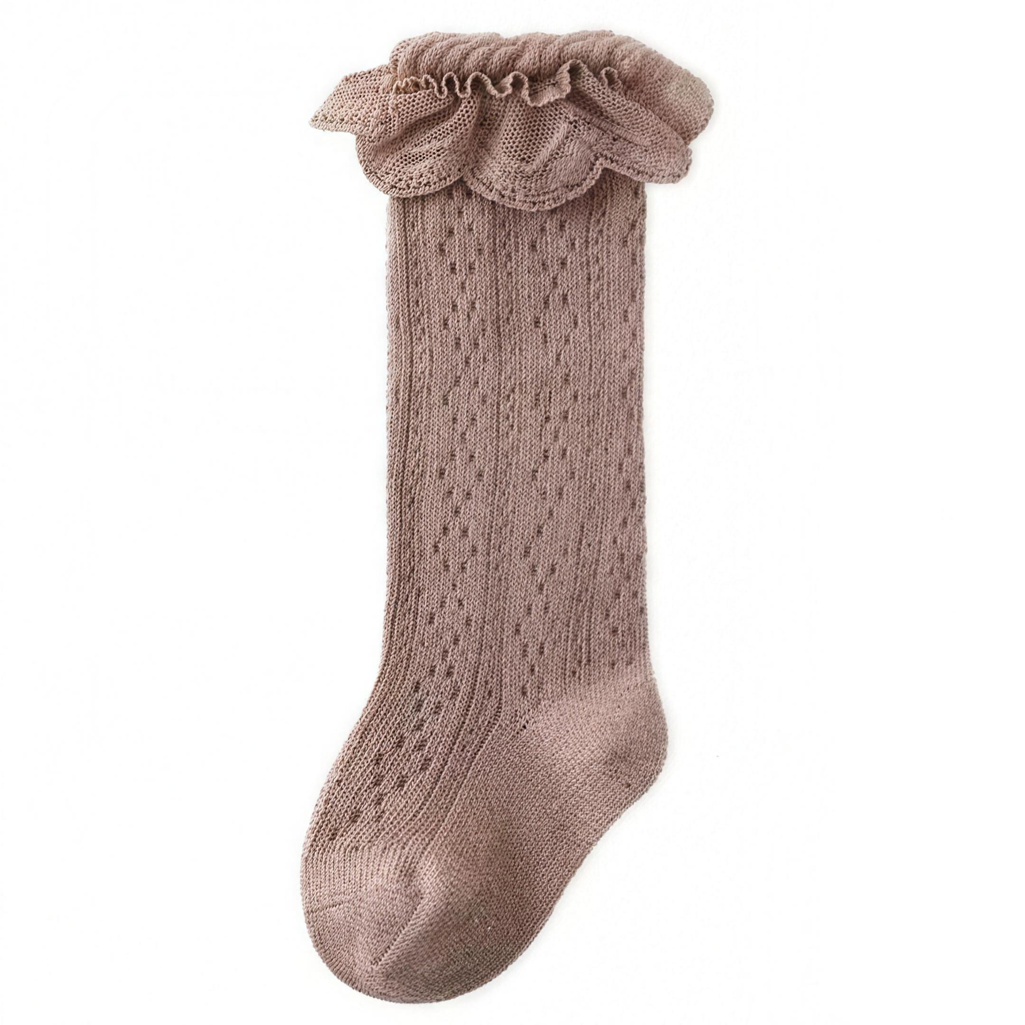 Lace Ruffle Knee-High Socks - Coffee - professional studio photo