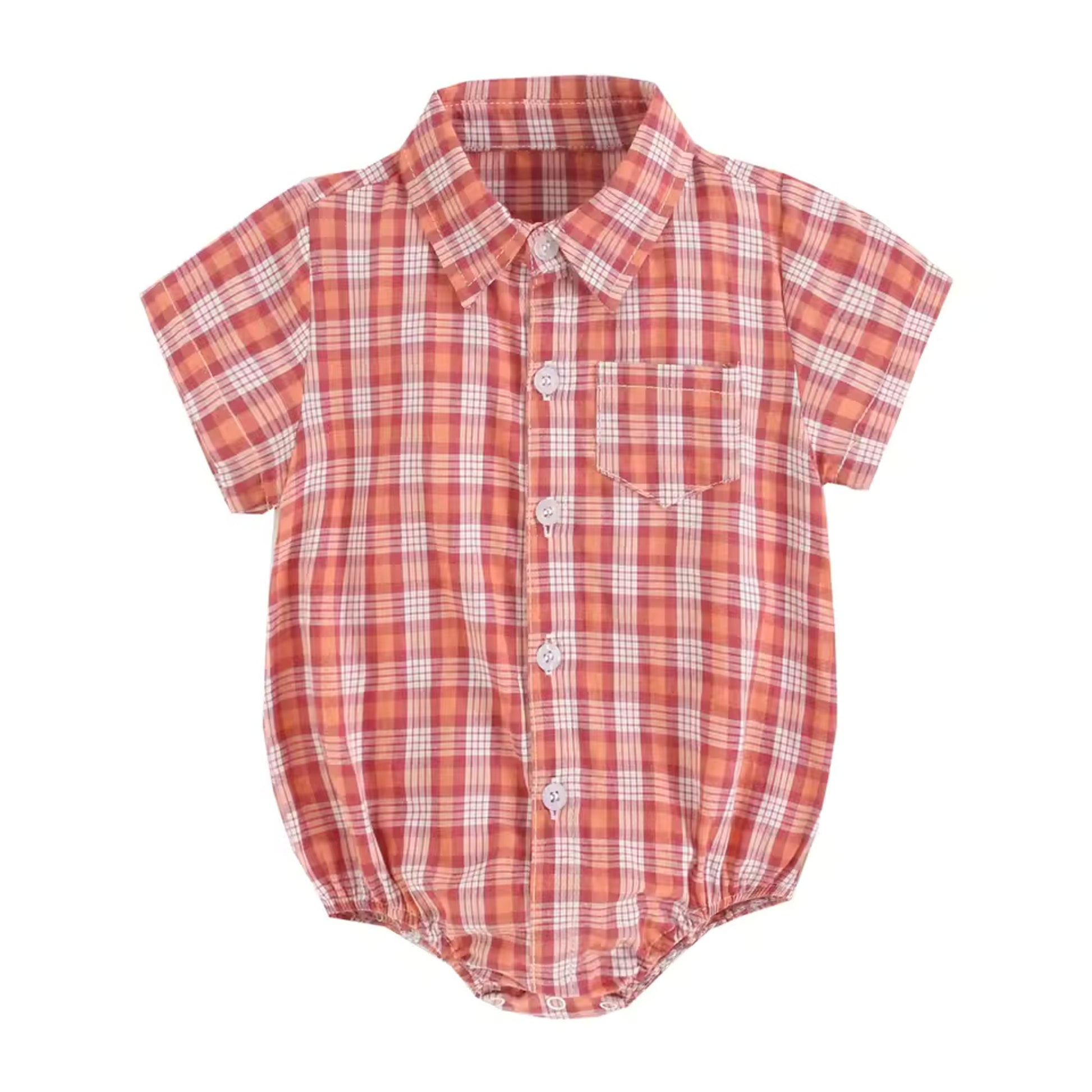 Collared Shirt Bodysuit - Coral Plaid