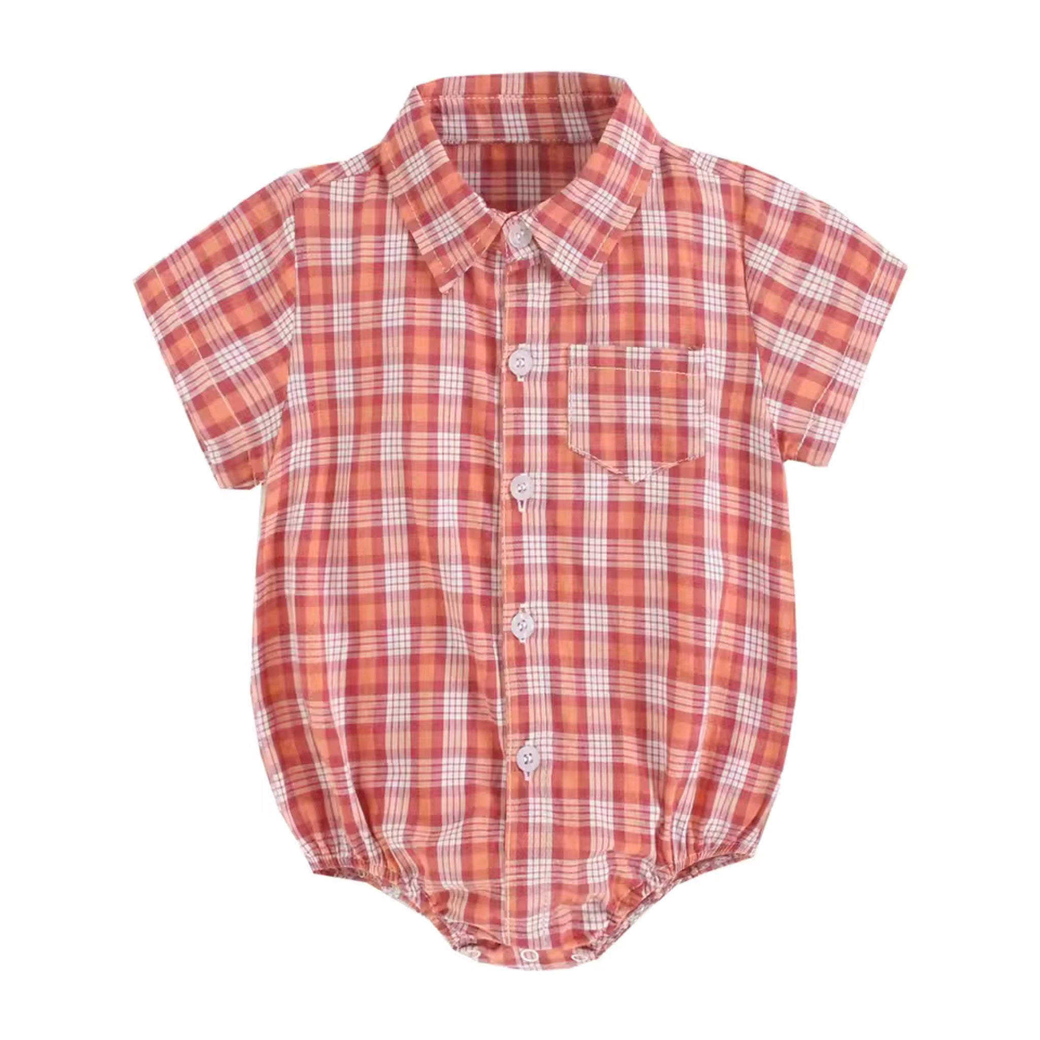 Collared Shirt Bodysuit - Coral Plaid