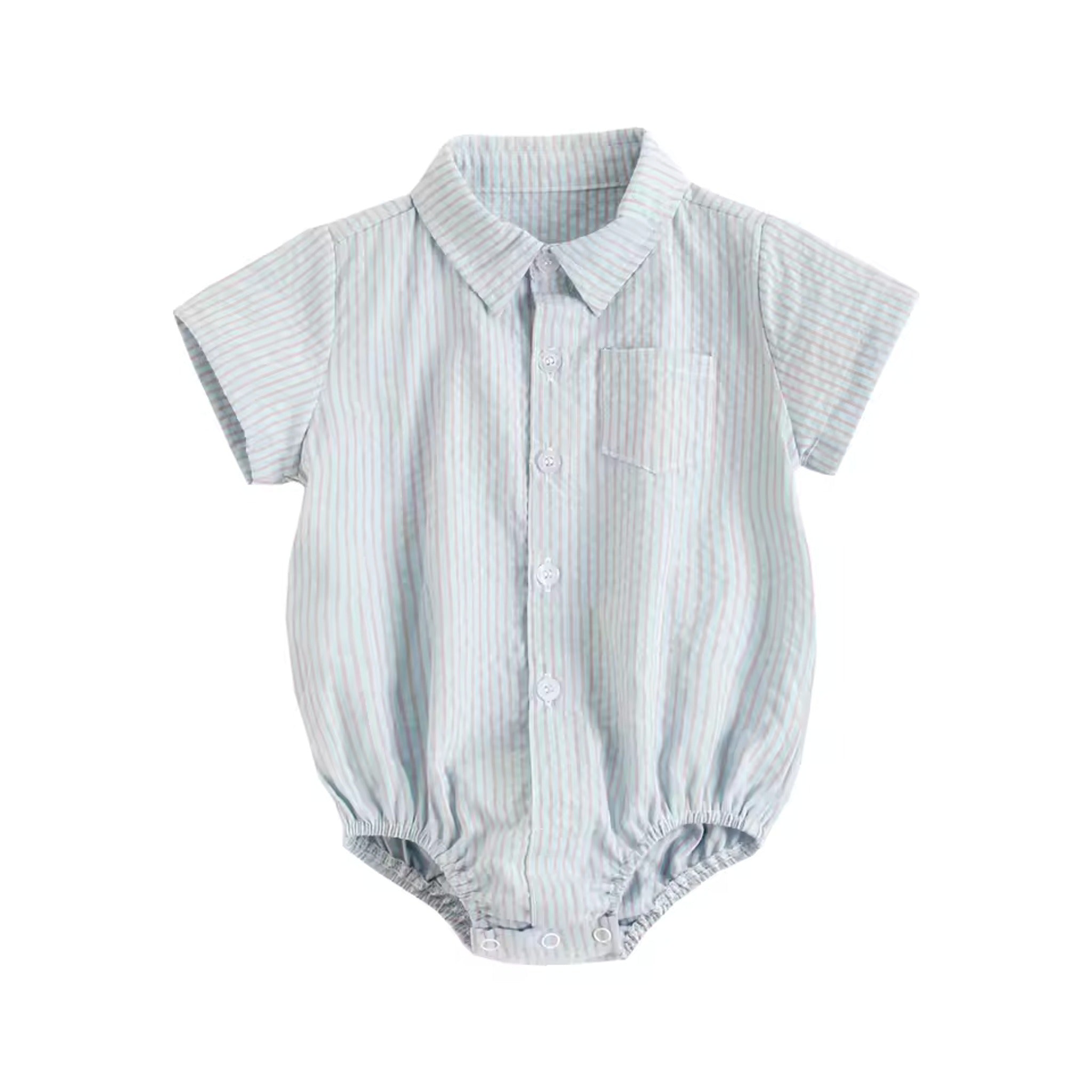 Collared Shirt Bodysuit - Grey Teal Stripe