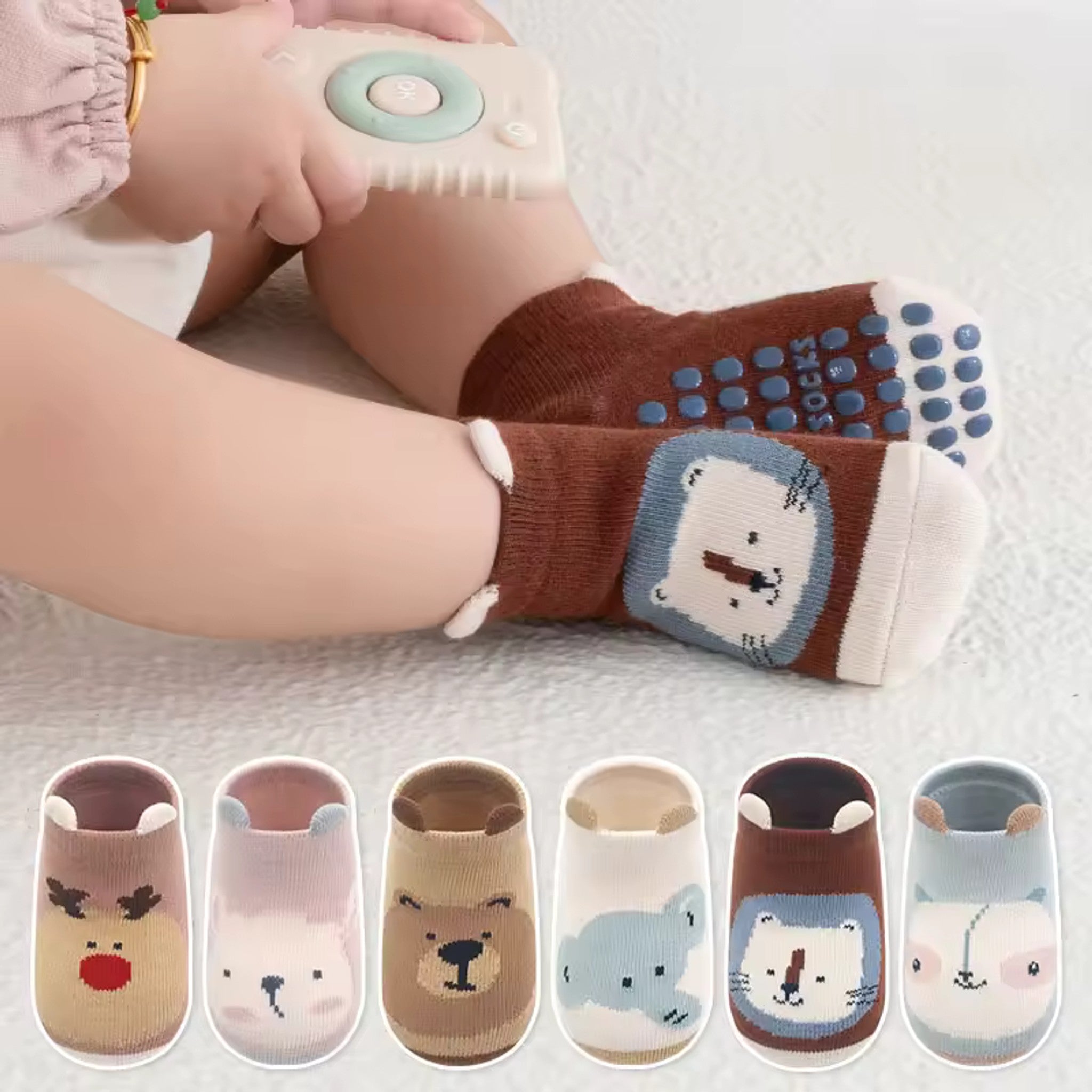 Cozy Animal Ear Floor Socks - worn on model, polar bear design