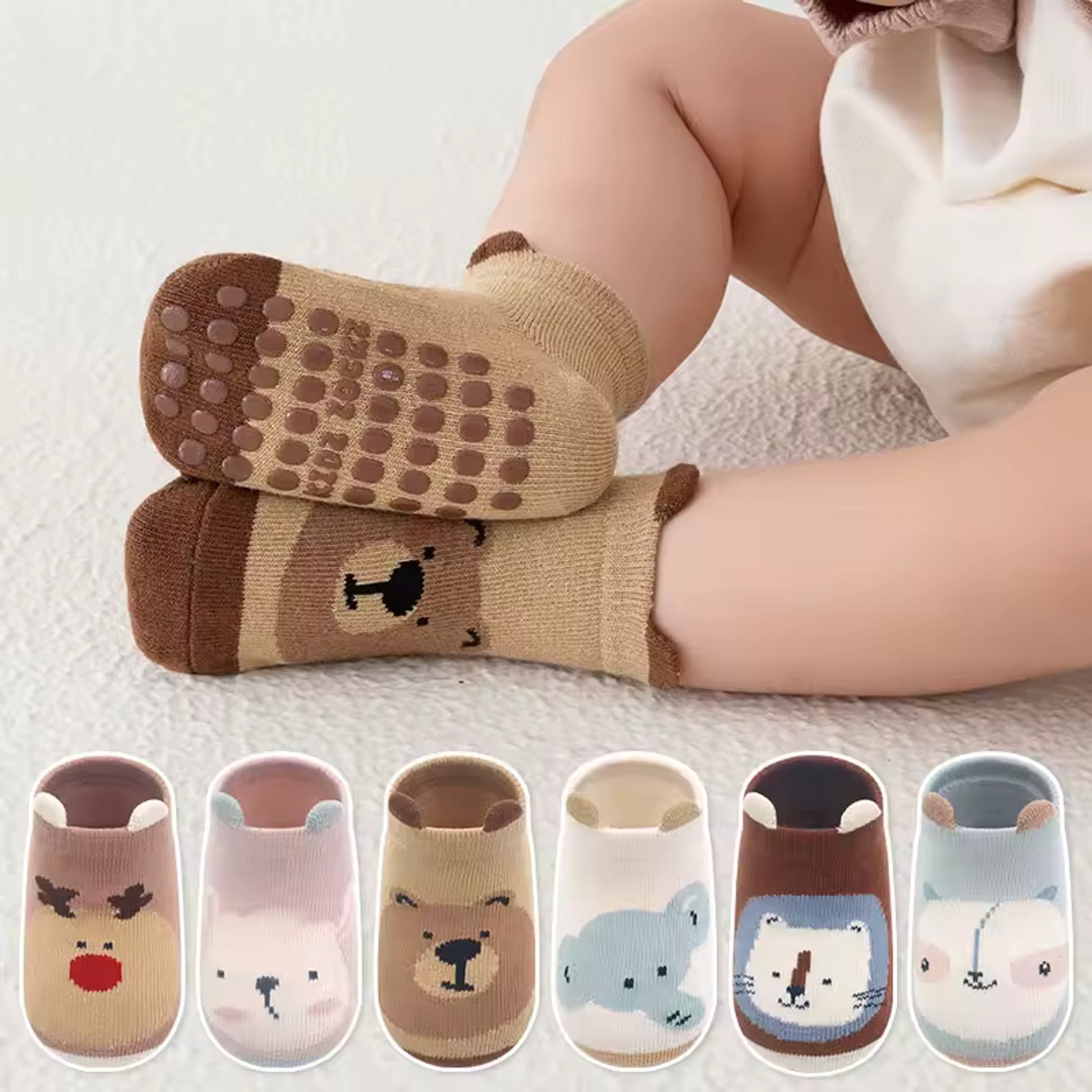 Cozy Animal Ear Floor Socks - worn on model, bear design
