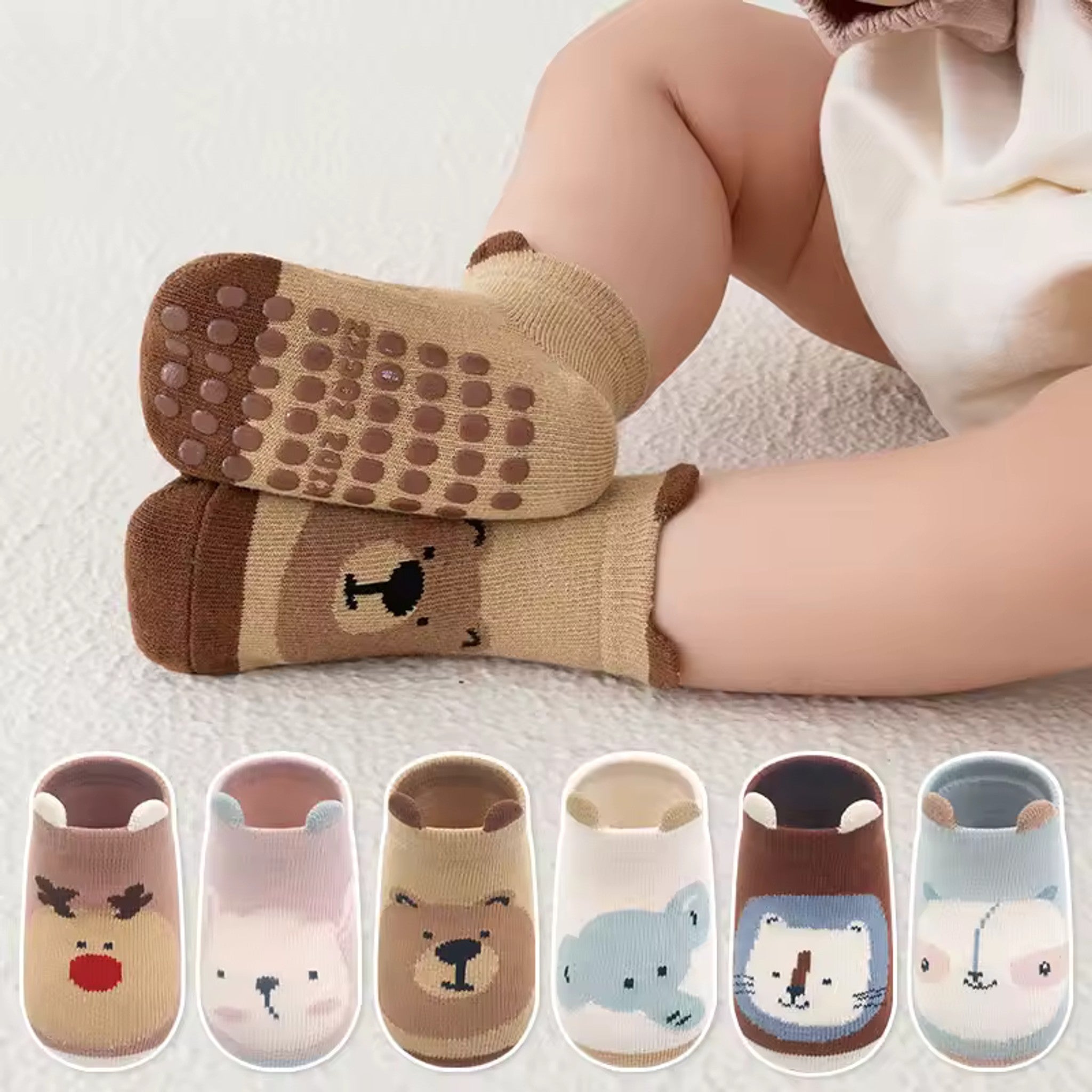 Cozy Animal Ear Floor Socks - worn on model, bear design