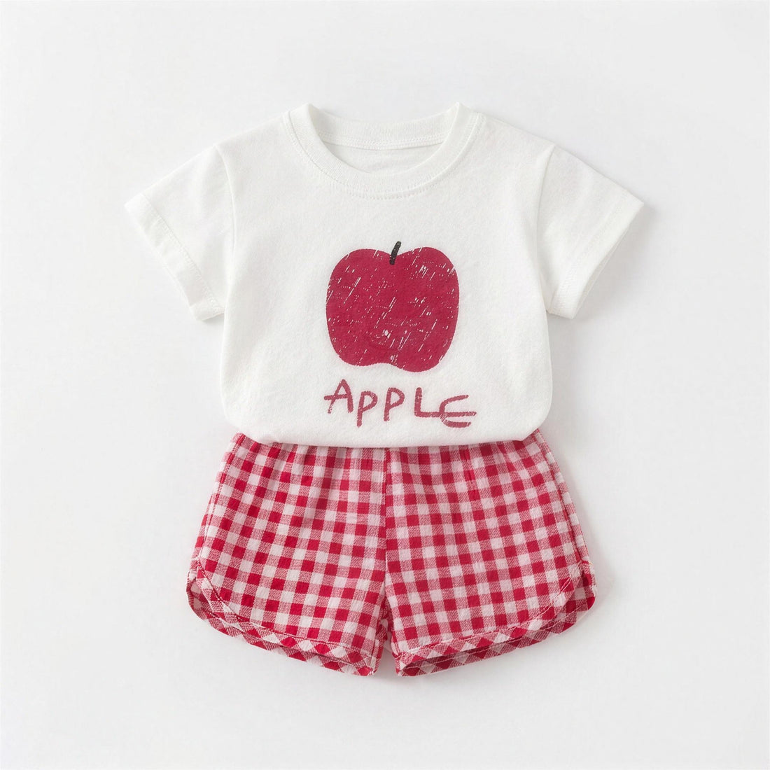 Cute Fruit Outfit Set in Apple: white apple tee and red gingham shorts
