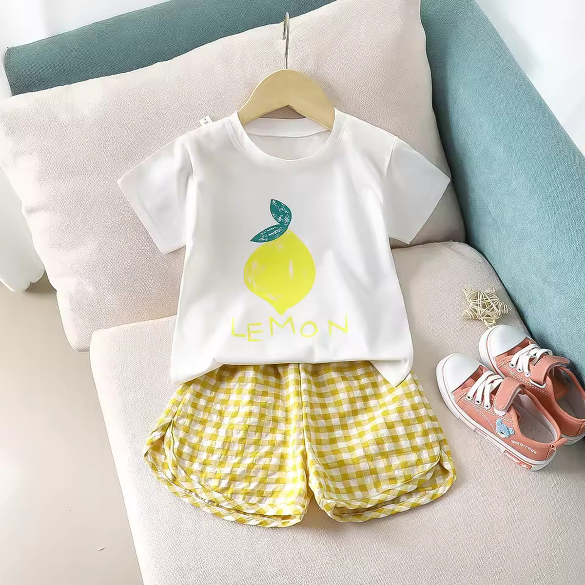 Cute Fruit Outfit Set - Lemon print tee and gingham shorts