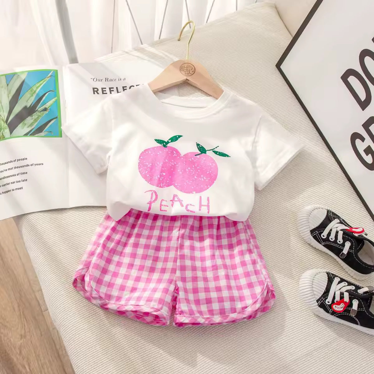 Cute Fruit Outfit Set - Peach print tee and gingham shorts