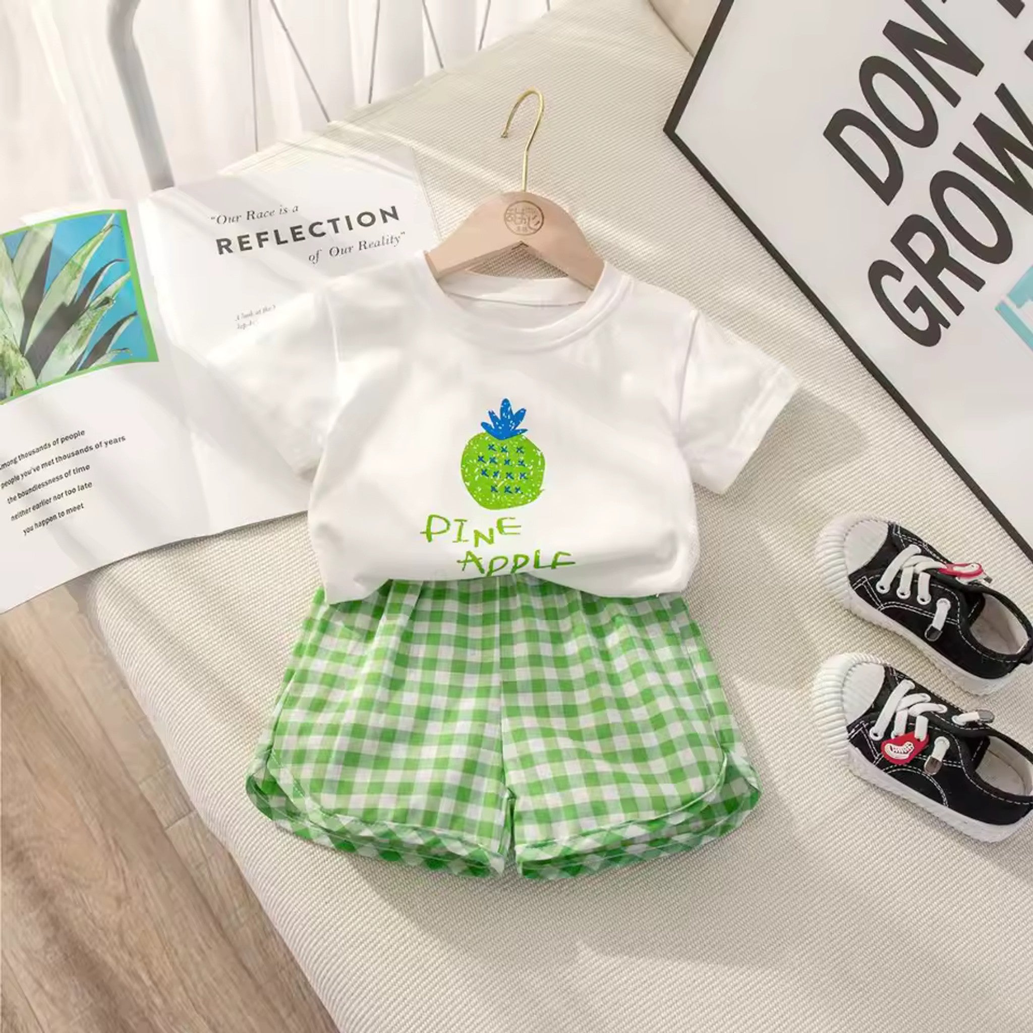 Cute Fruit Outfit Set - Pineapple print tee and gingham shorts