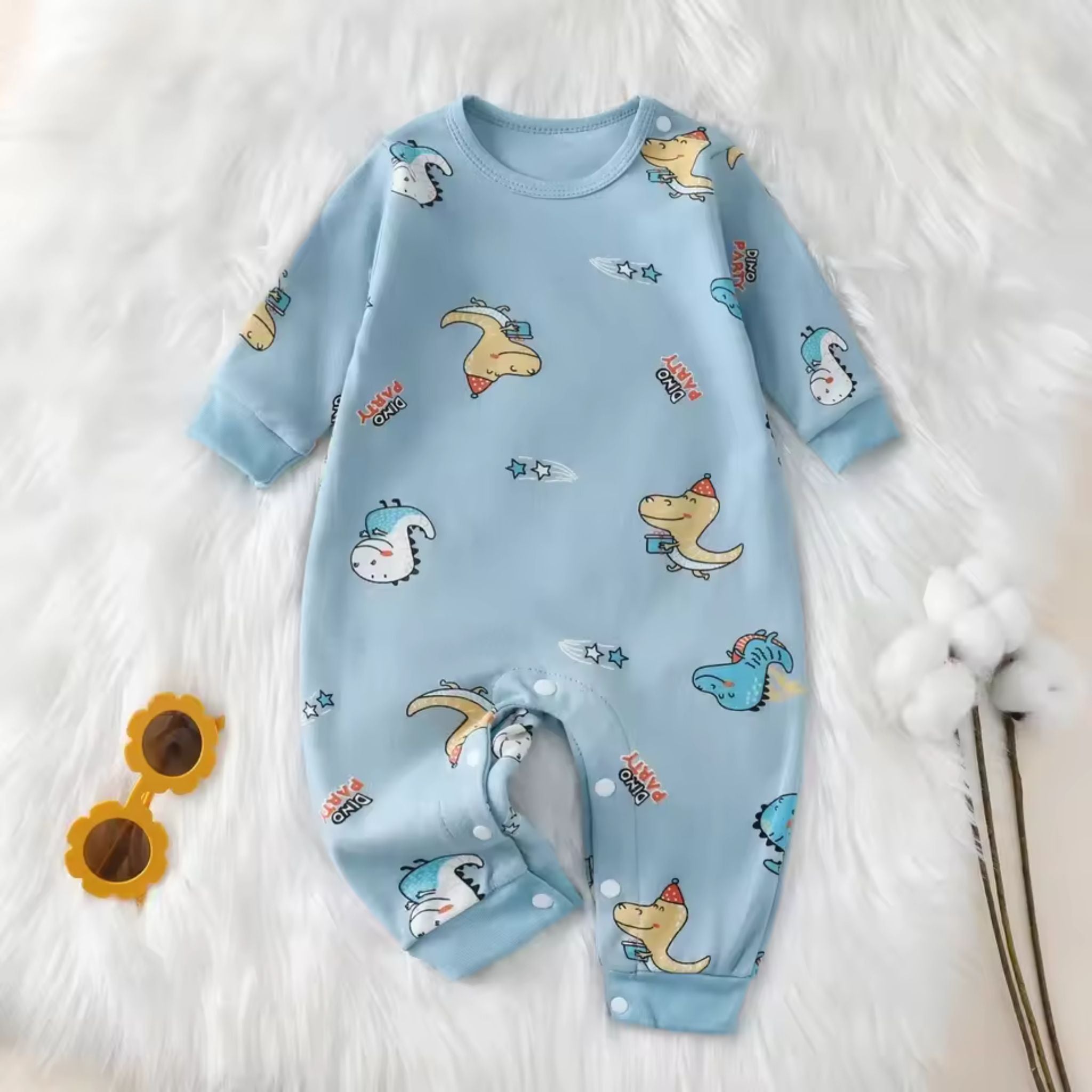 Dino Party Baby Romper in Blue - baby and toddler clothing, professional product photo
