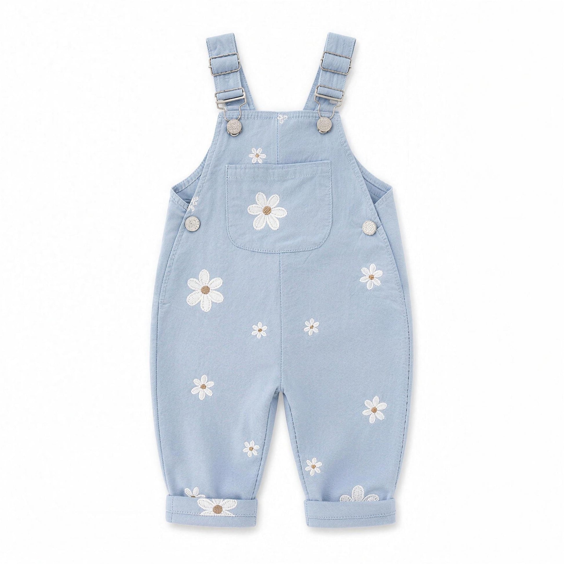 Daisy Embroidered Overalls - Dusty Blue