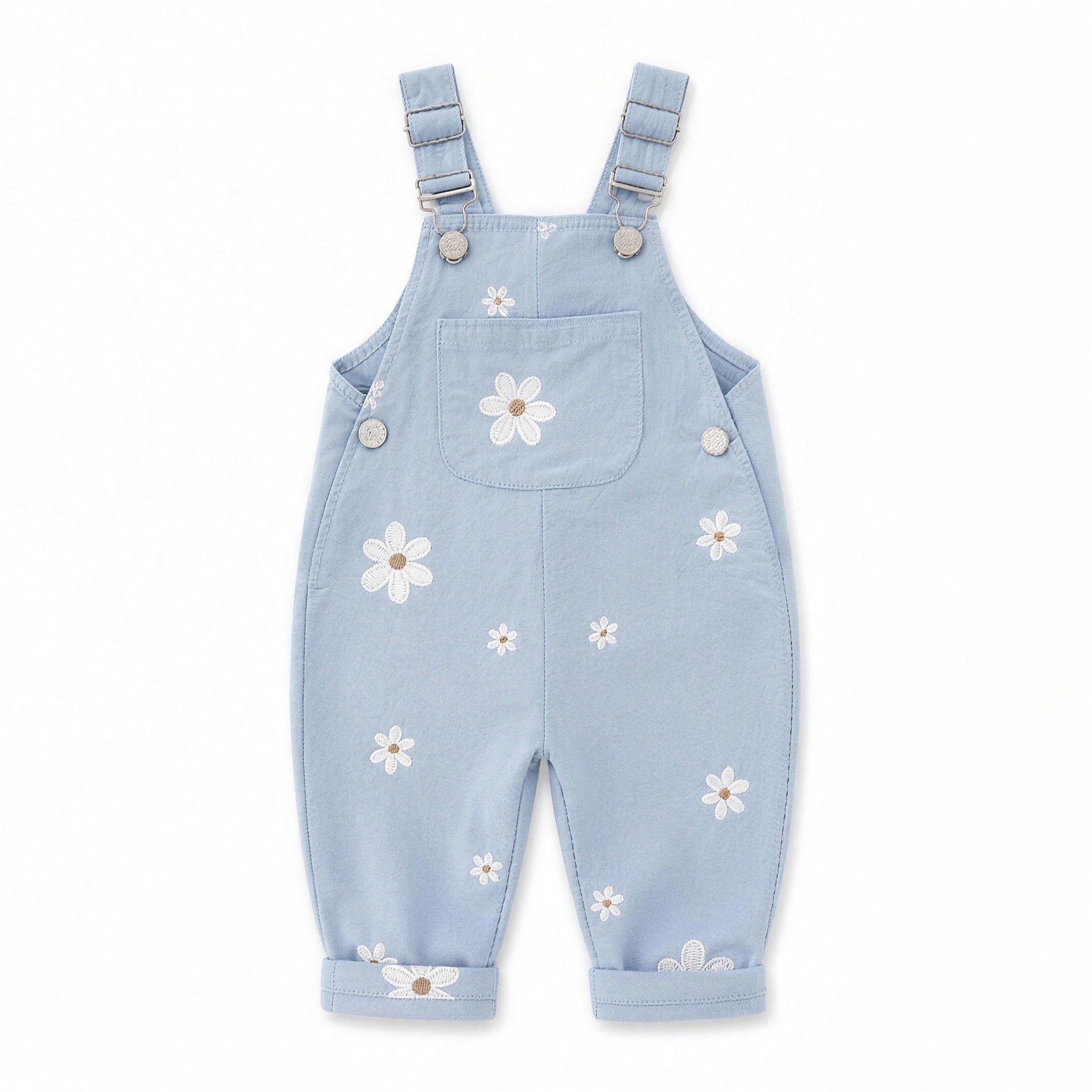 Daisy Embroidered Overalls - Dusty Blue