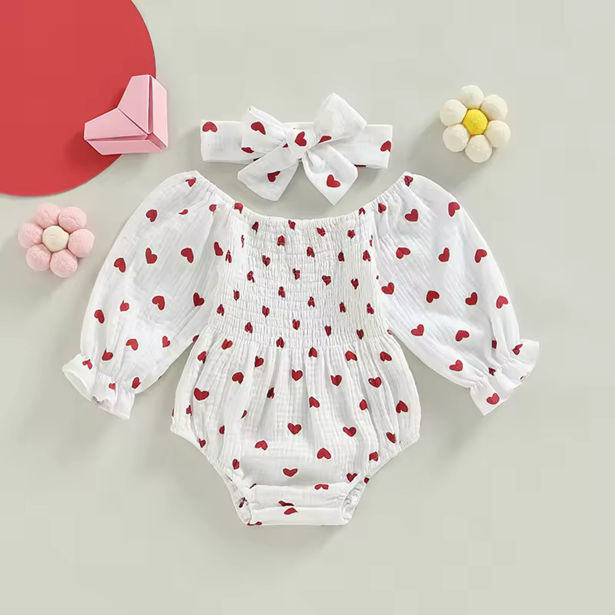 Heart Gauze Romper Set - back view flat lay