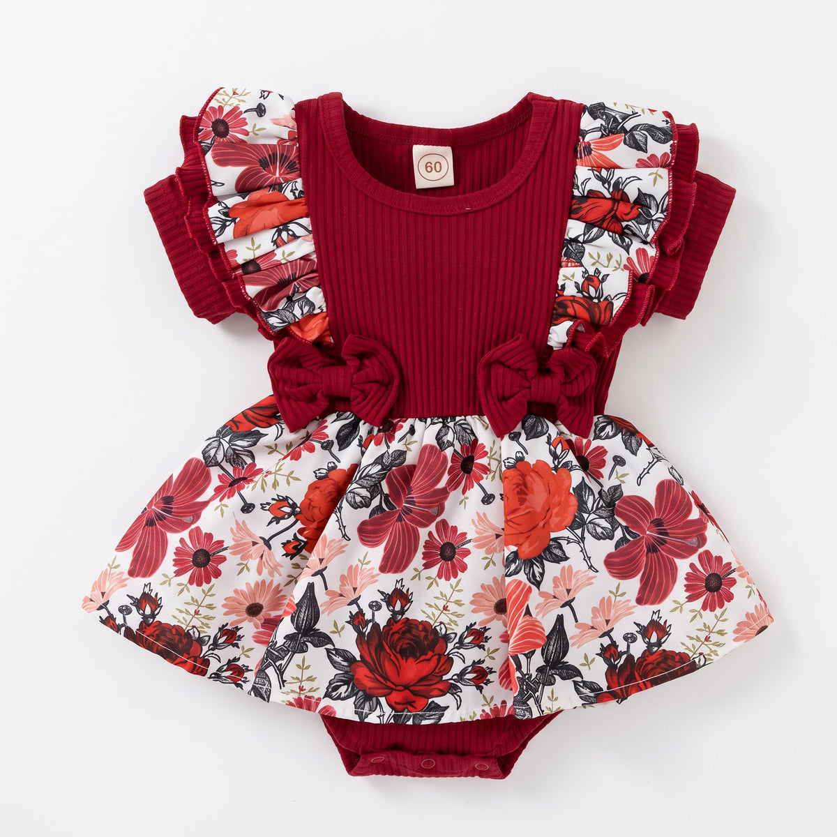 Floral Bow Romper Dress - baby and toddler girl ribbed floral dress with headband, professional product photo on white background
