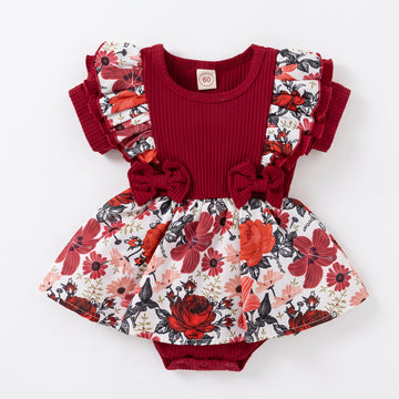 Floral Bow Romper Dress - baby and toddler girl ribbed floral dress with headband, professional product photo on white background