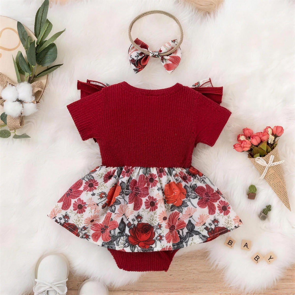 Floral Bow Romper Dress - back view