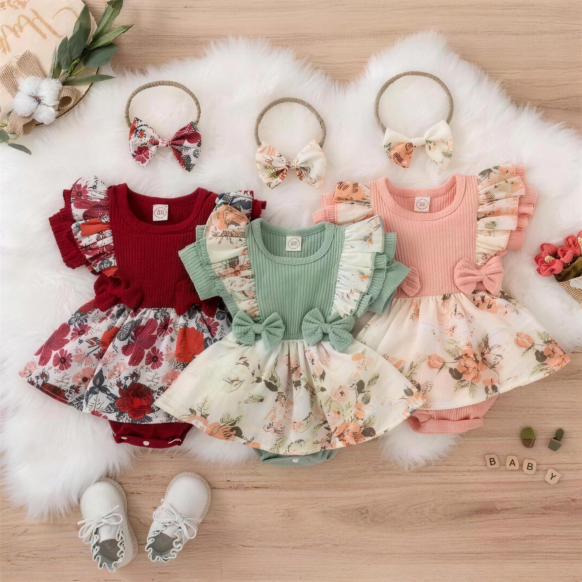 Floral Bow Romper Dress - all colors shown together