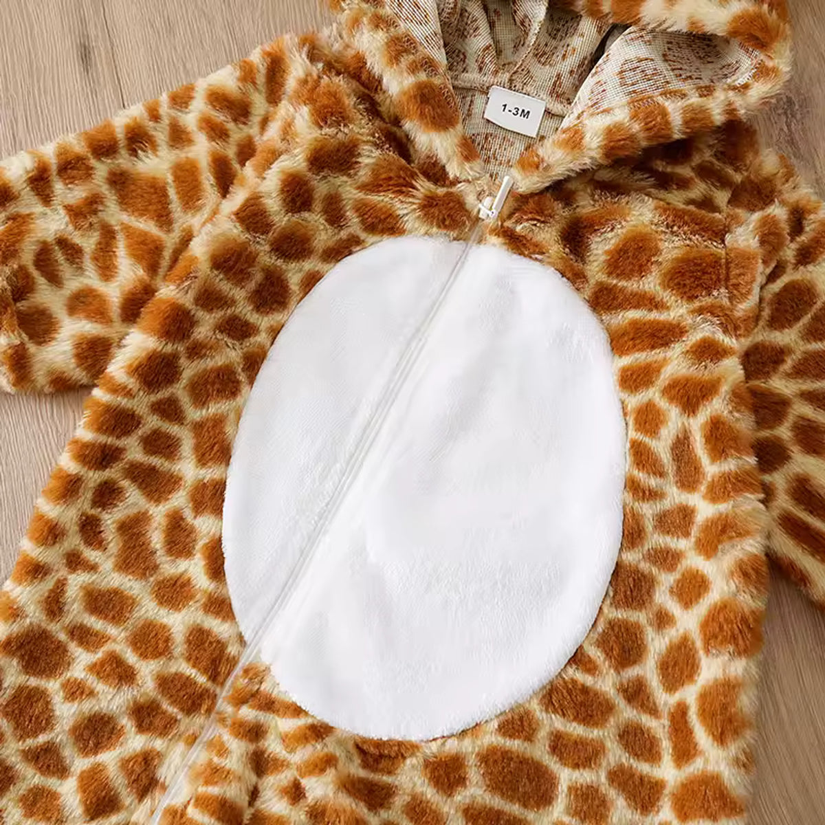 Giraffe Plush Hooded Onesie - front zip detail