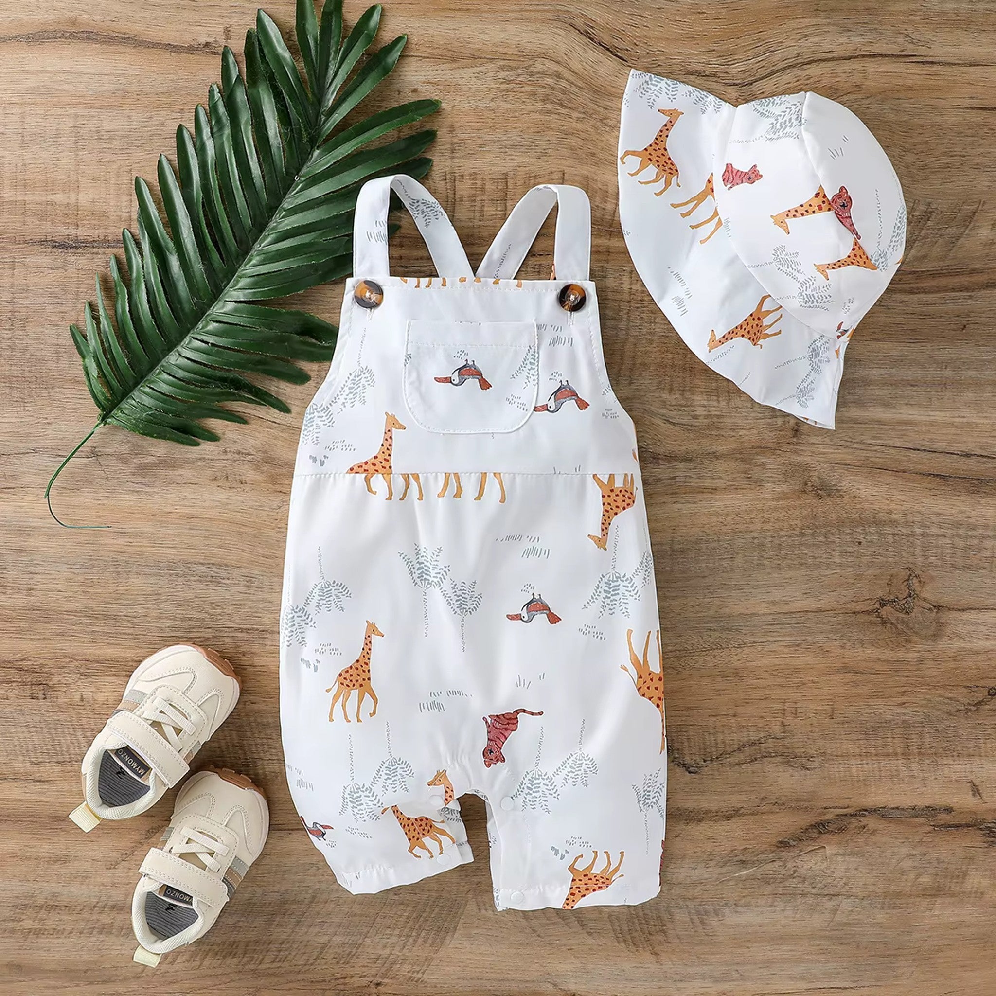Giraffe Safari Overall Set - styled flat lay