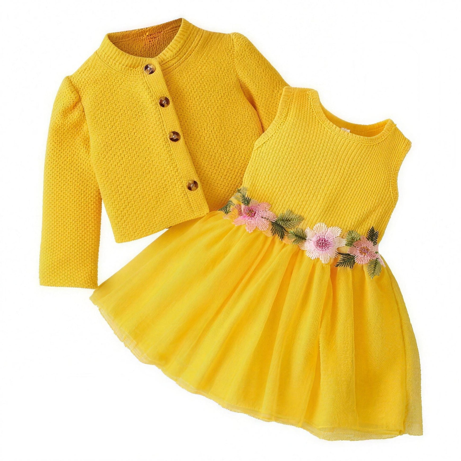 Floral Cardigan Dress Set - Golden Yellow