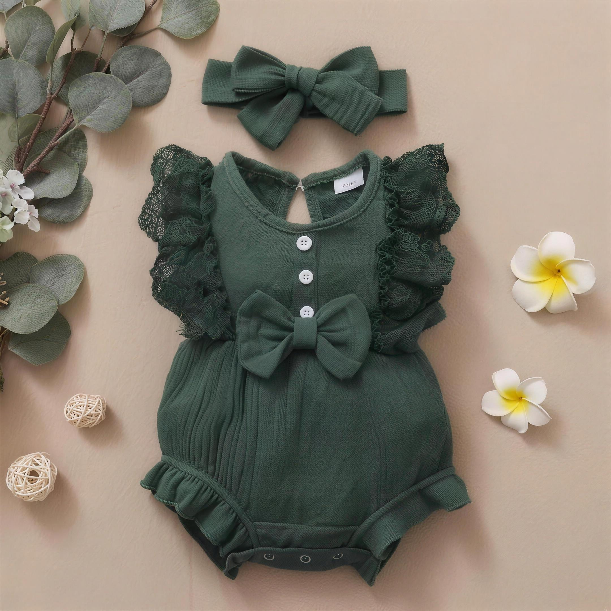 Lace Bow Romper Set - Green - extra 1
